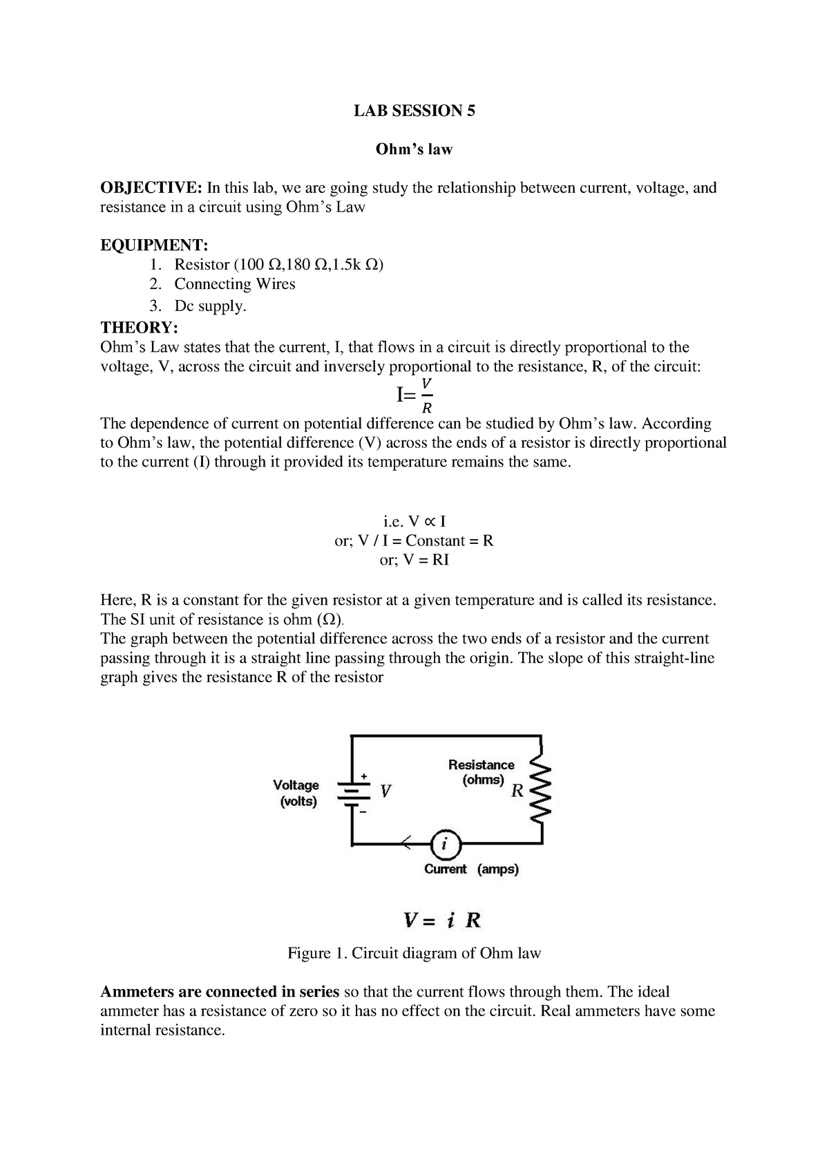 LAB Session 5 - FOR APPLIED PHYSICS OHMS LAW - LAB SESSION 5 Ohm’s Law ...