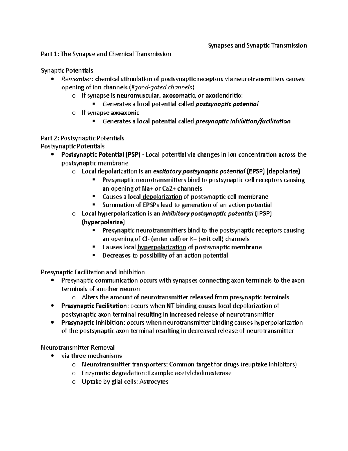 Lec 4 - Lecture notes 4 - Part 1: The Synapse and Chemical Transmission ...