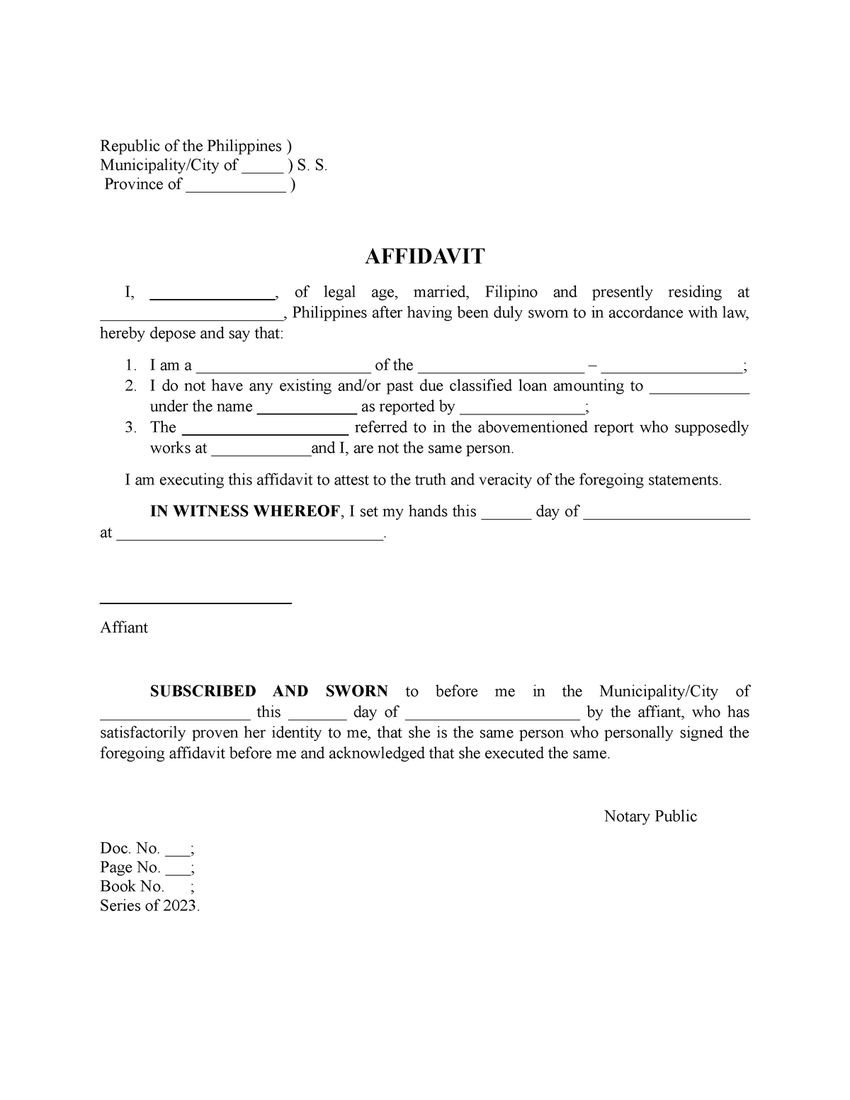 Affidavit Template - Republic of the Philippines ) Municipality/City of ...