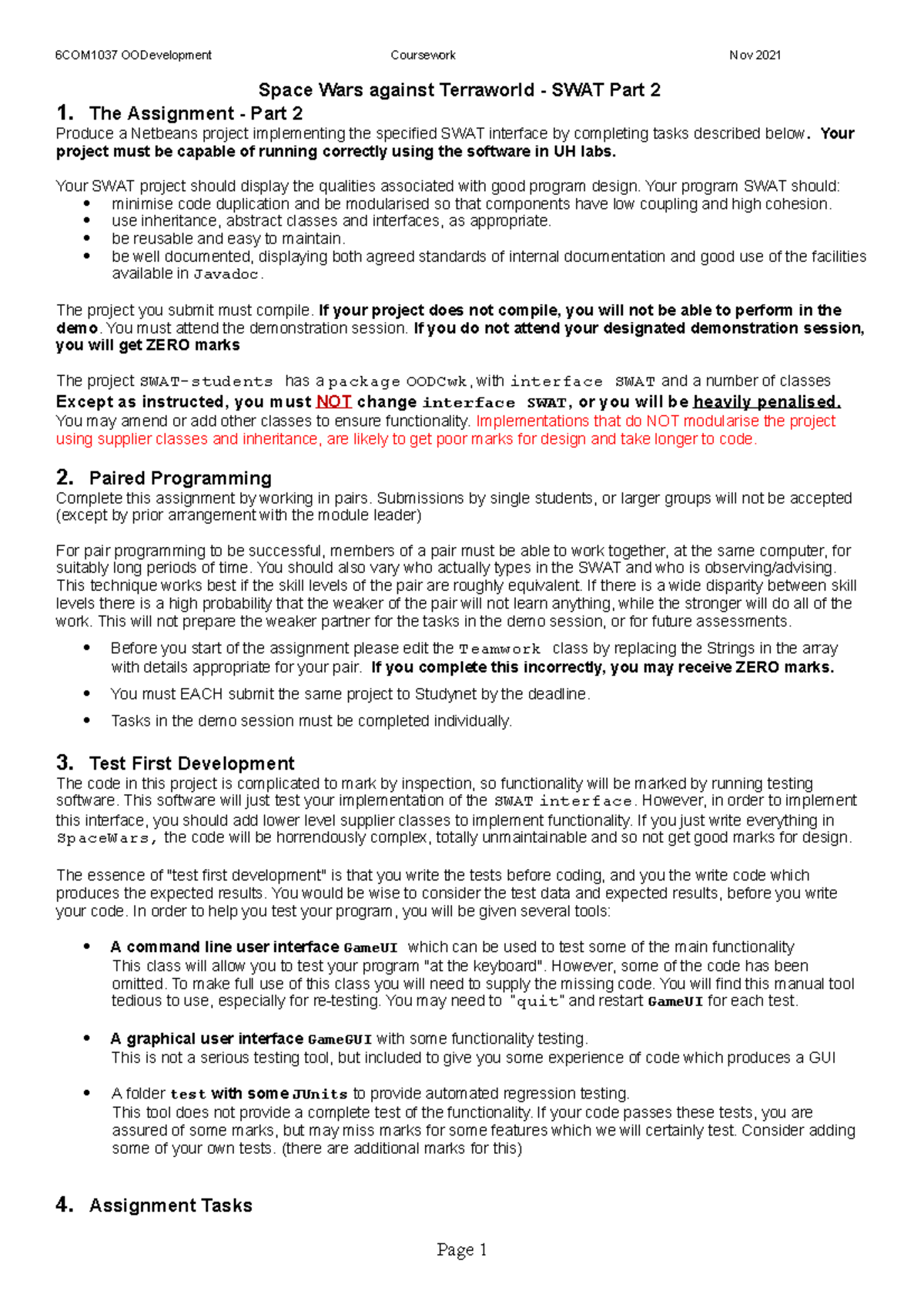 6COM1037 Cwk 2 specification - SWAT Part 2 - Space Wars against ...