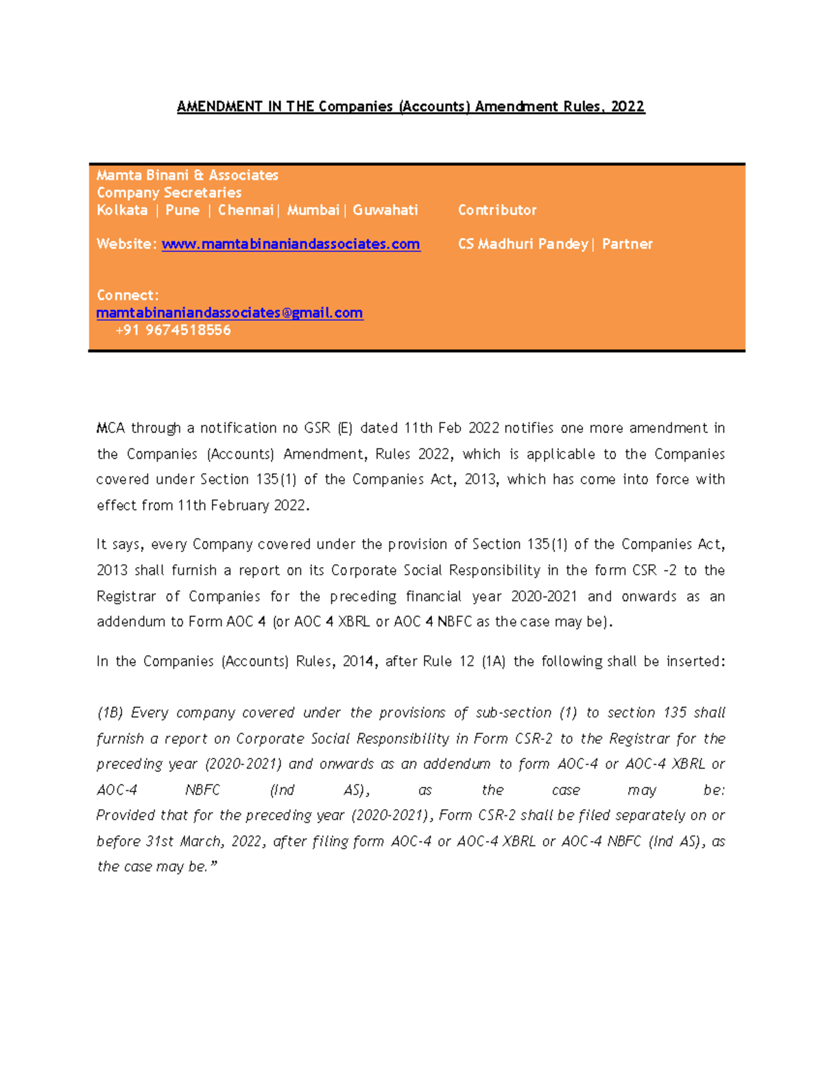 Note on CSR 2 along with e-form - AMENDMENT IN THE Companies (Accounts ...