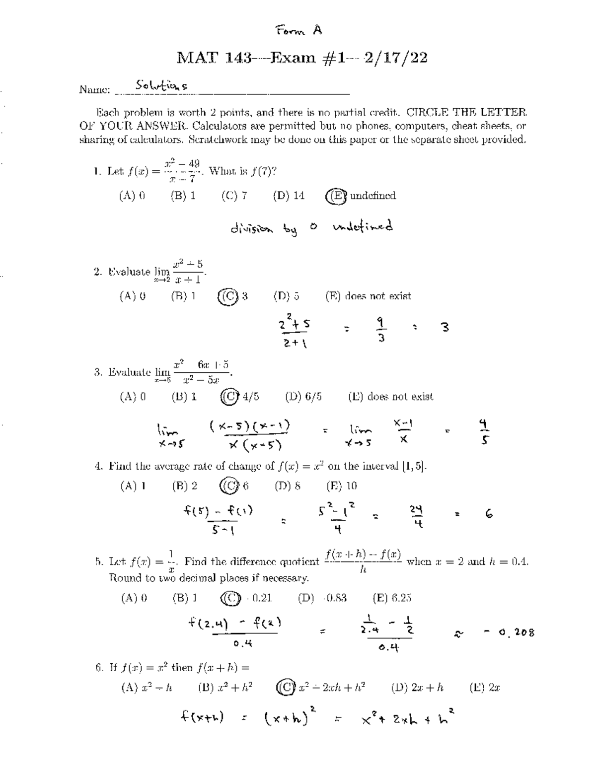 Exam 1A Solutions 17 Feb 2022 - MAT 143 - Studocu