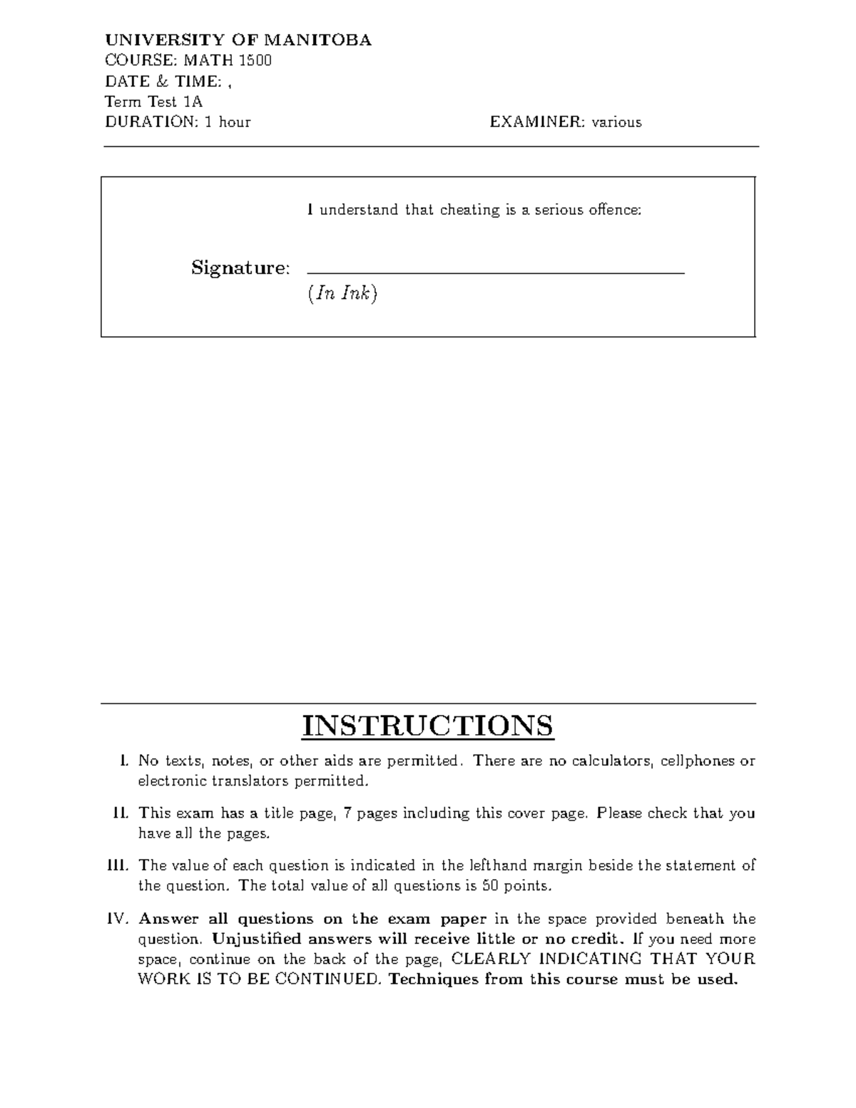 Midterm 2019, questions and answers - COURSE: MATH 1500 DATE & TIME ...