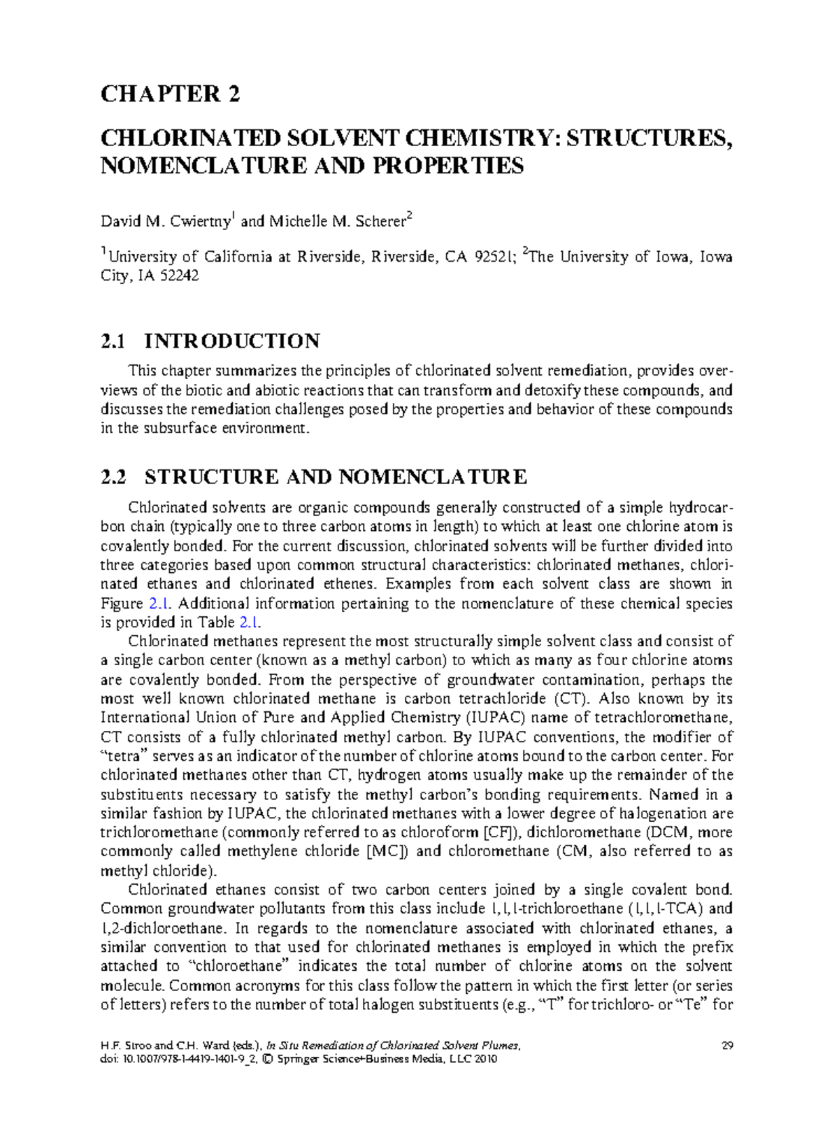 1. Chemistry of Chlorinated Solvents CHAPTER 2 CHLORINATED SOLVENT