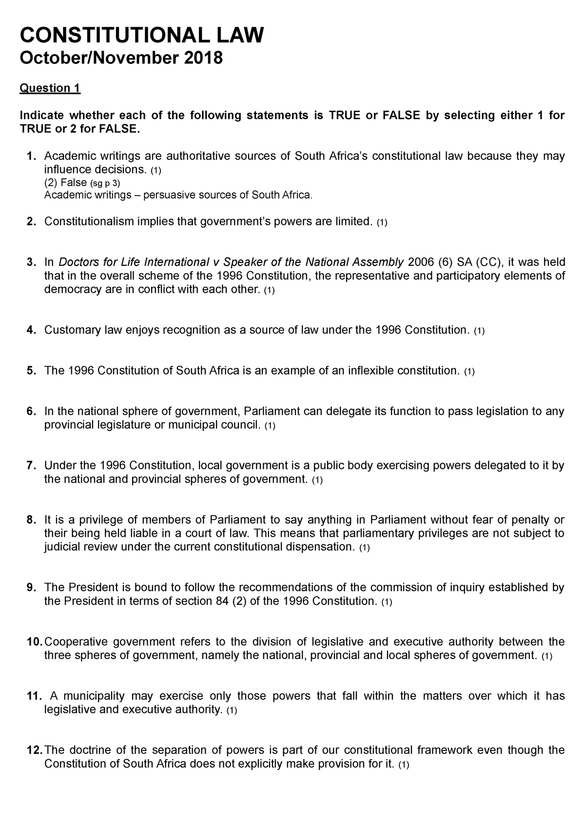 CSL2601 Notes 1 - CONSTITUTIONAL LAW October/November 2018 Question 1 ...