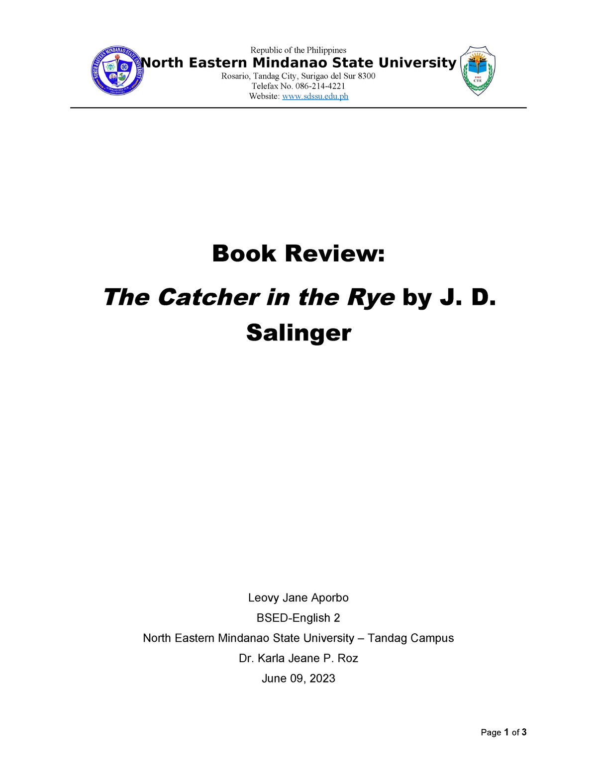 Book Review The Catcher In The Rye - Republic Of The Philippines North ...