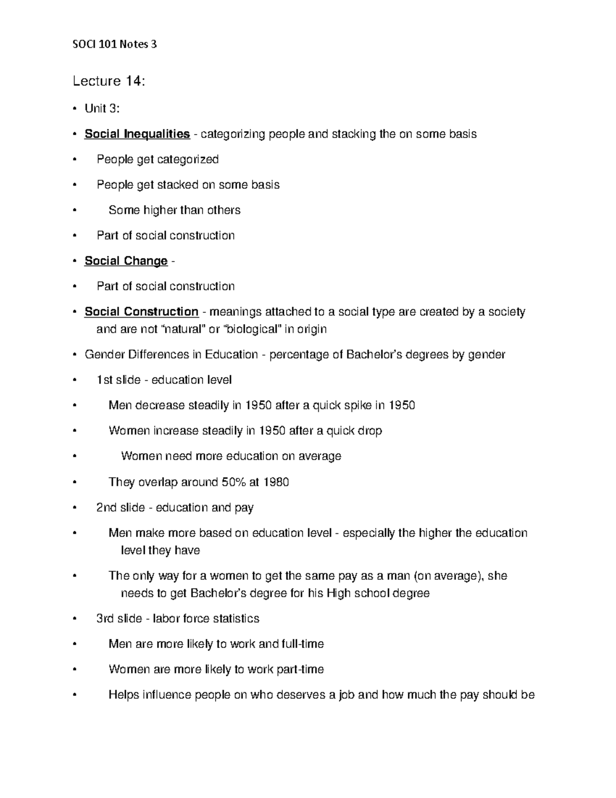 SOCI 101 Lecture Notes 3 - SOCI 101 Notes 3 Lect ur e14: •Uni t3: •Soci ...
