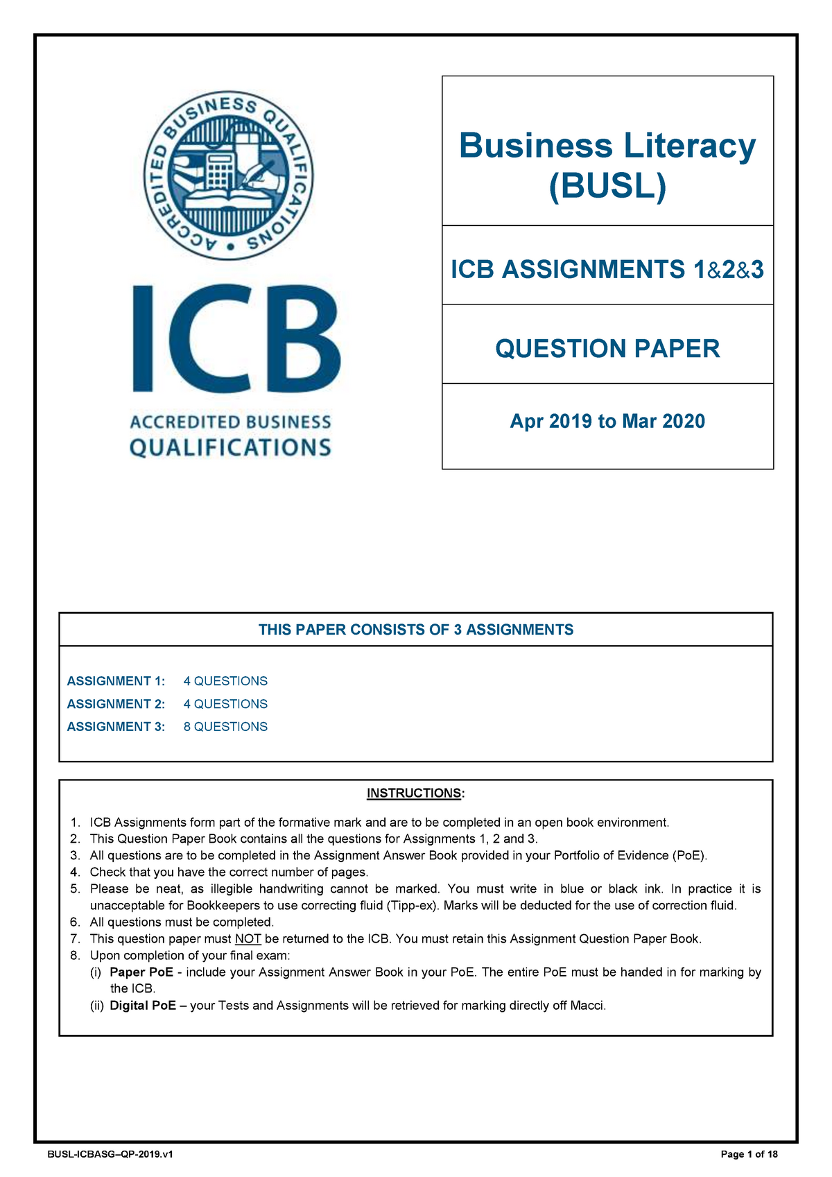 BUSL Assignment QP 2019 - Business Literacy (BUSL) ICB ASSIGNMENTS 1& 2 ...