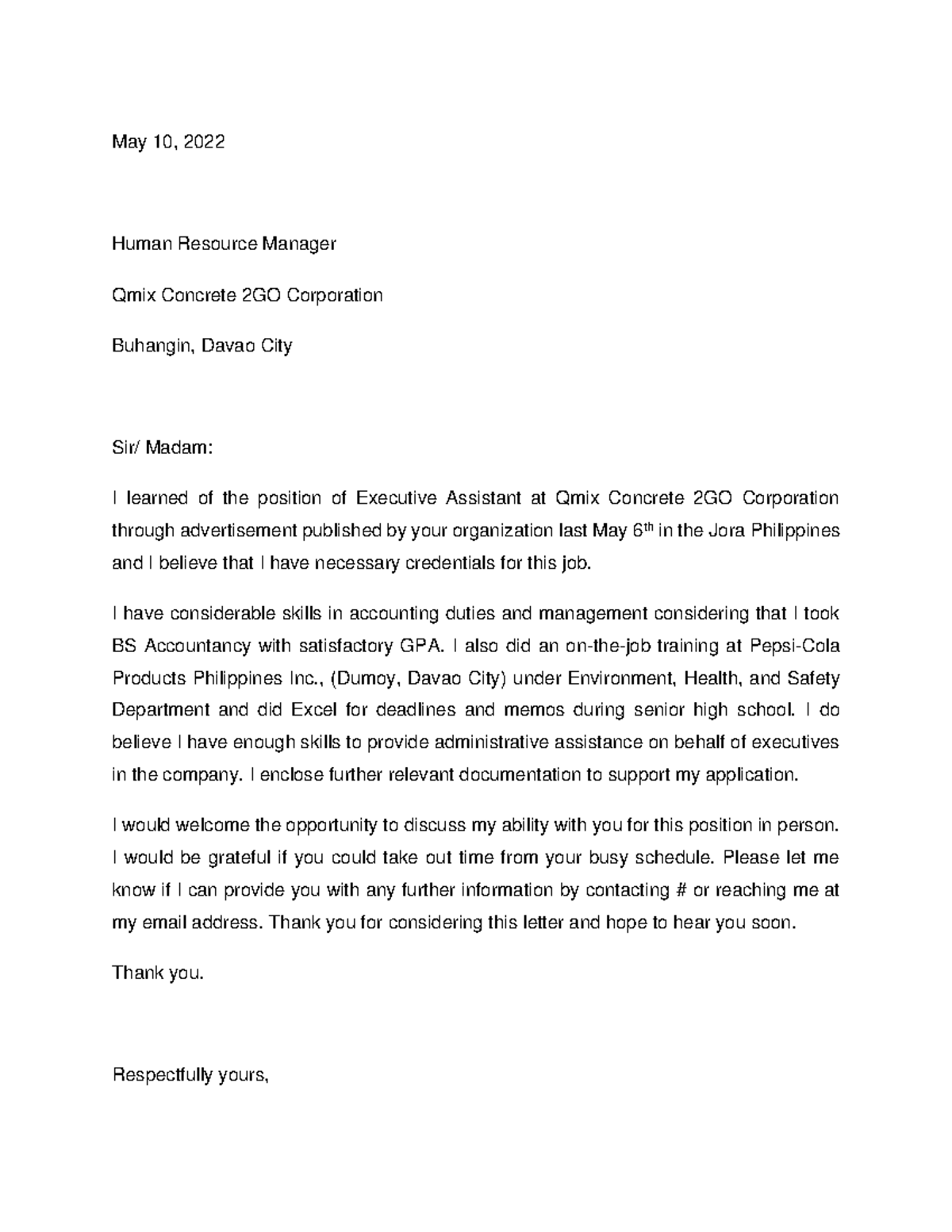 Application Letter Sample - May 10, 2022 Human Resource Manager Qmix ...