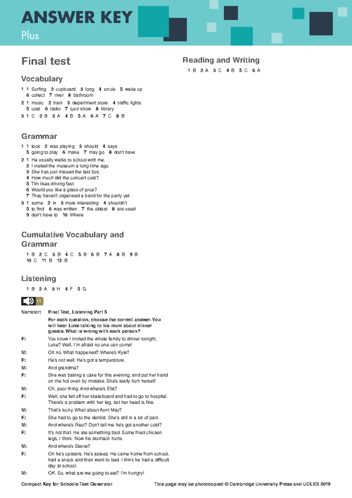 KFS-FT-P Answer key - KET - Compact Key for Schools Test Generator This ...