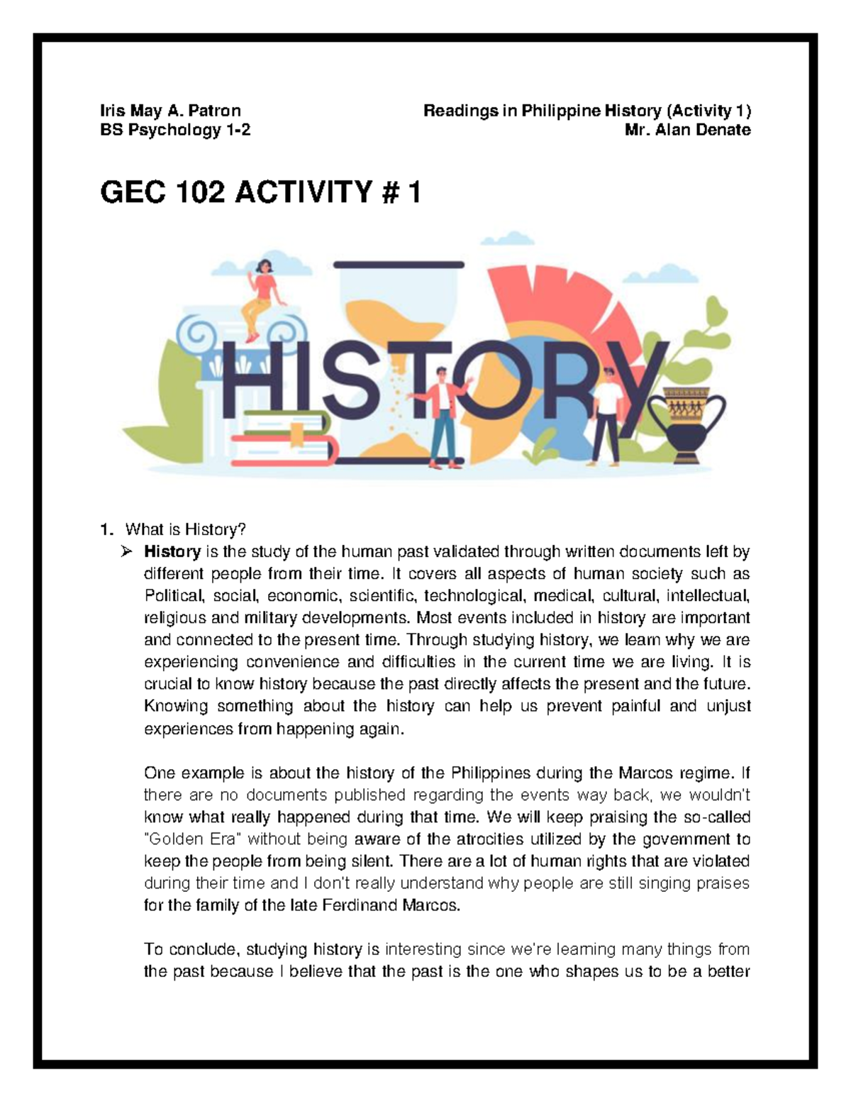 GEC 102 Activity 1 History - Iris May A. Patron Readings In Philippine ...