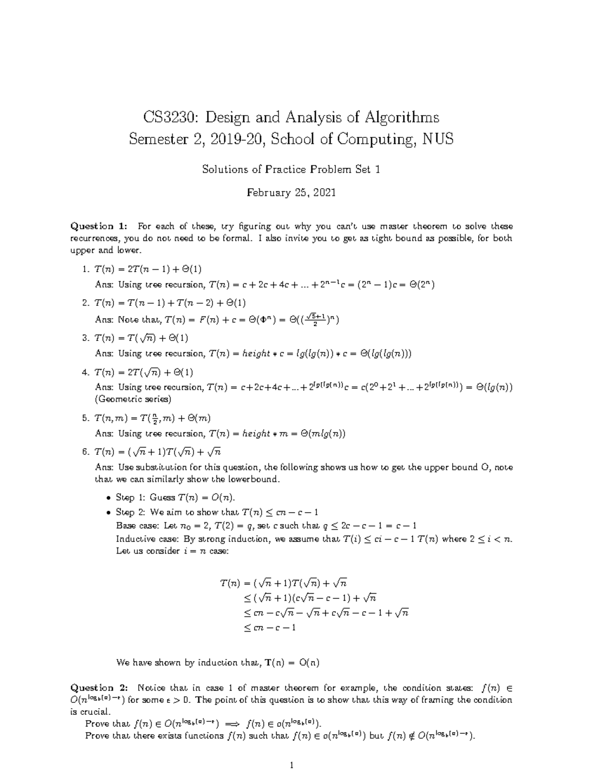 Solutions practice set 1 - CS3230: Design and Analysis of Algorithms ...