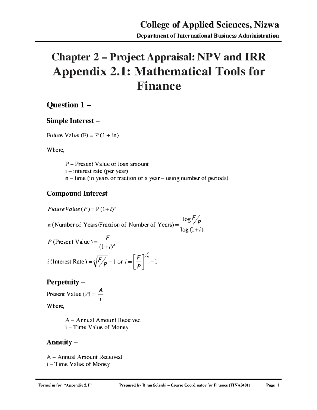 Formulas for Appendix 2 - College of Applied Sciences, Nizwa Department ...