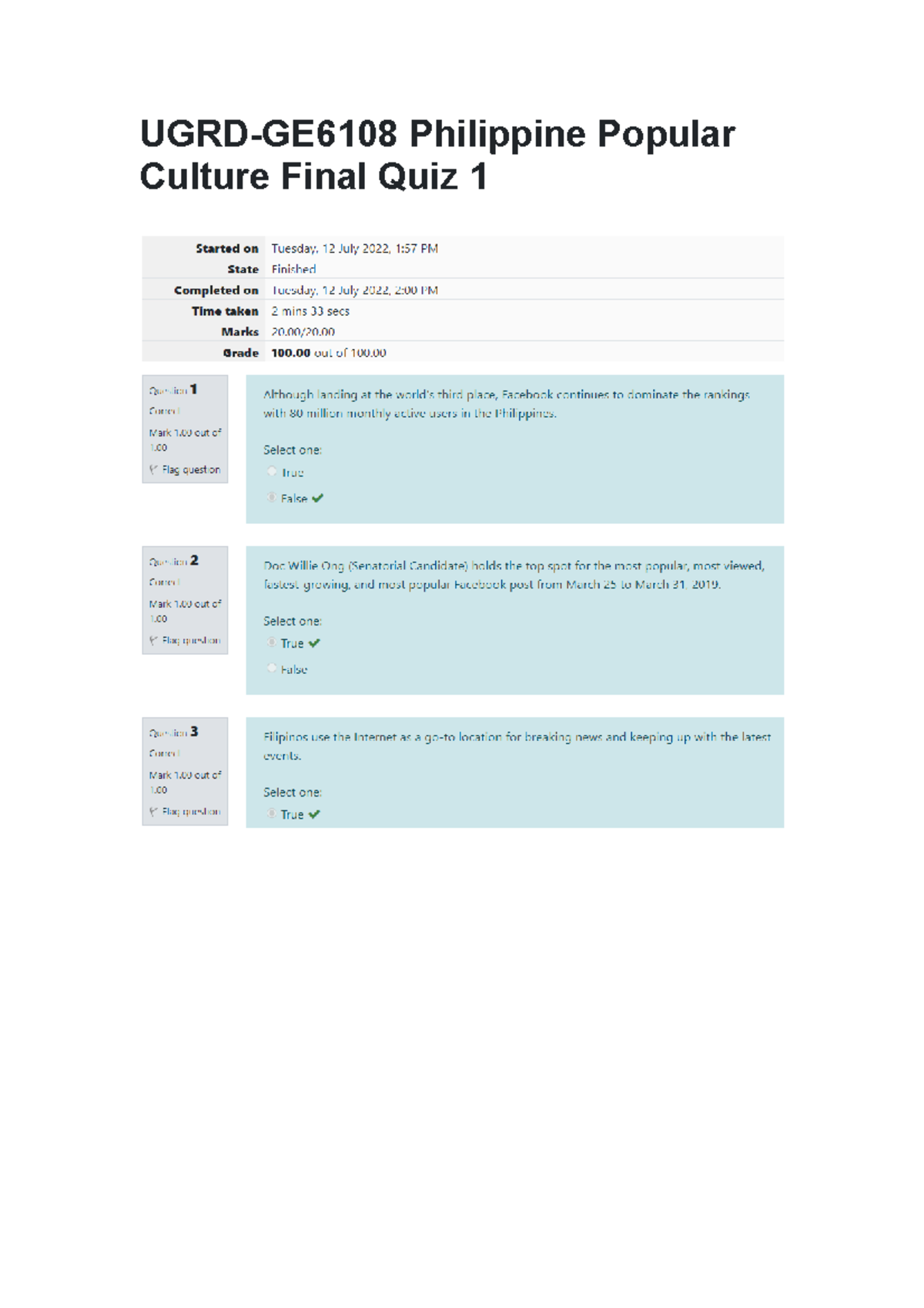 UGRD-GE6108 Philippine Popular Culture Final Quiz 1 - Studocu