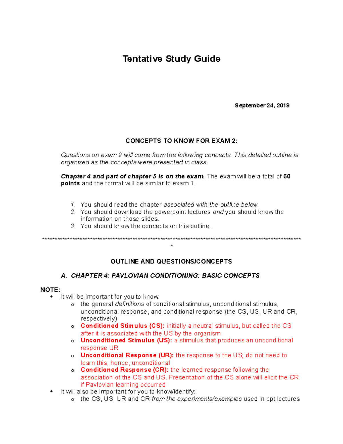 Study Guide 9 - Tentative Study Guide September 24, 2019 CONCEPTS TO ...