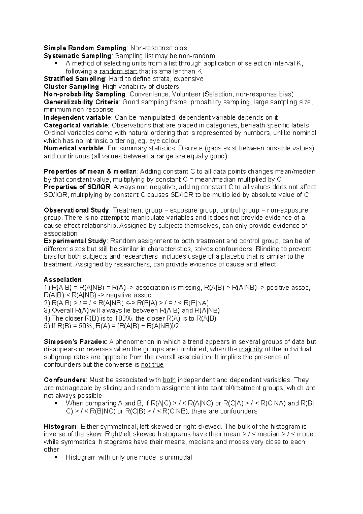 GEA Cheatsheet - Simple Random Sampling: Non-response bias Systematic ...