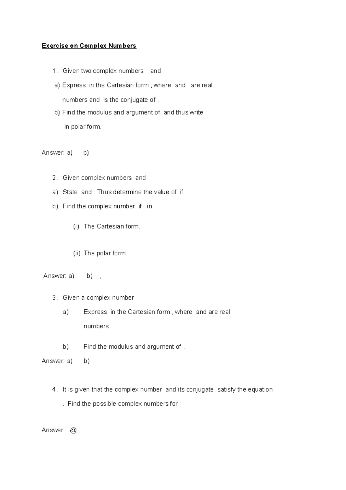 Exercise on Complex Numbers - Exercise on Complex Numbers Given two ...