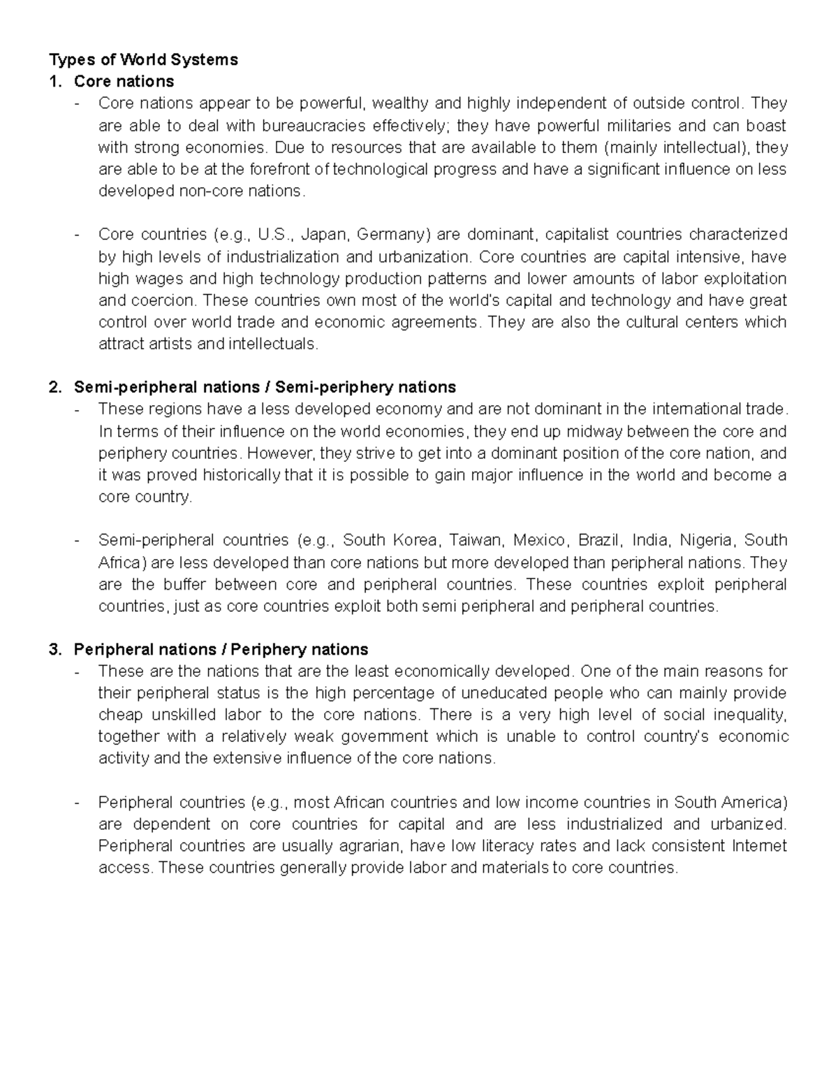 Types of World Systems **Types of World Systems Core nations** ‐ Core