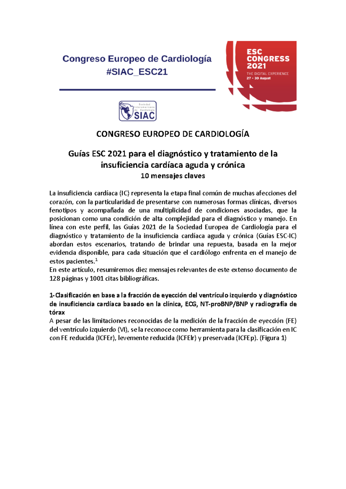 Falla cardíaca esc 2021 español - CONGRESO EUROPEO DE CARDIOLOGÍA Guías ...