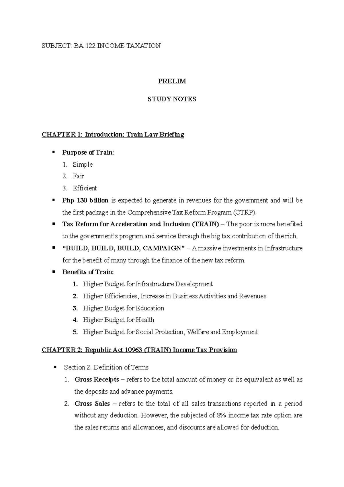 Prelim Study Notes - Income Taxation - SUBJECT: BA 122 INCOME TAXATION ...