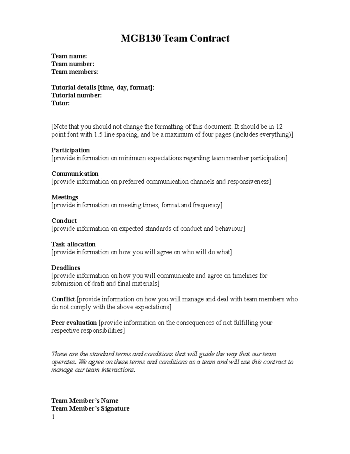 Team Contract template - MGB130 Team Contract Team name: Team number ...