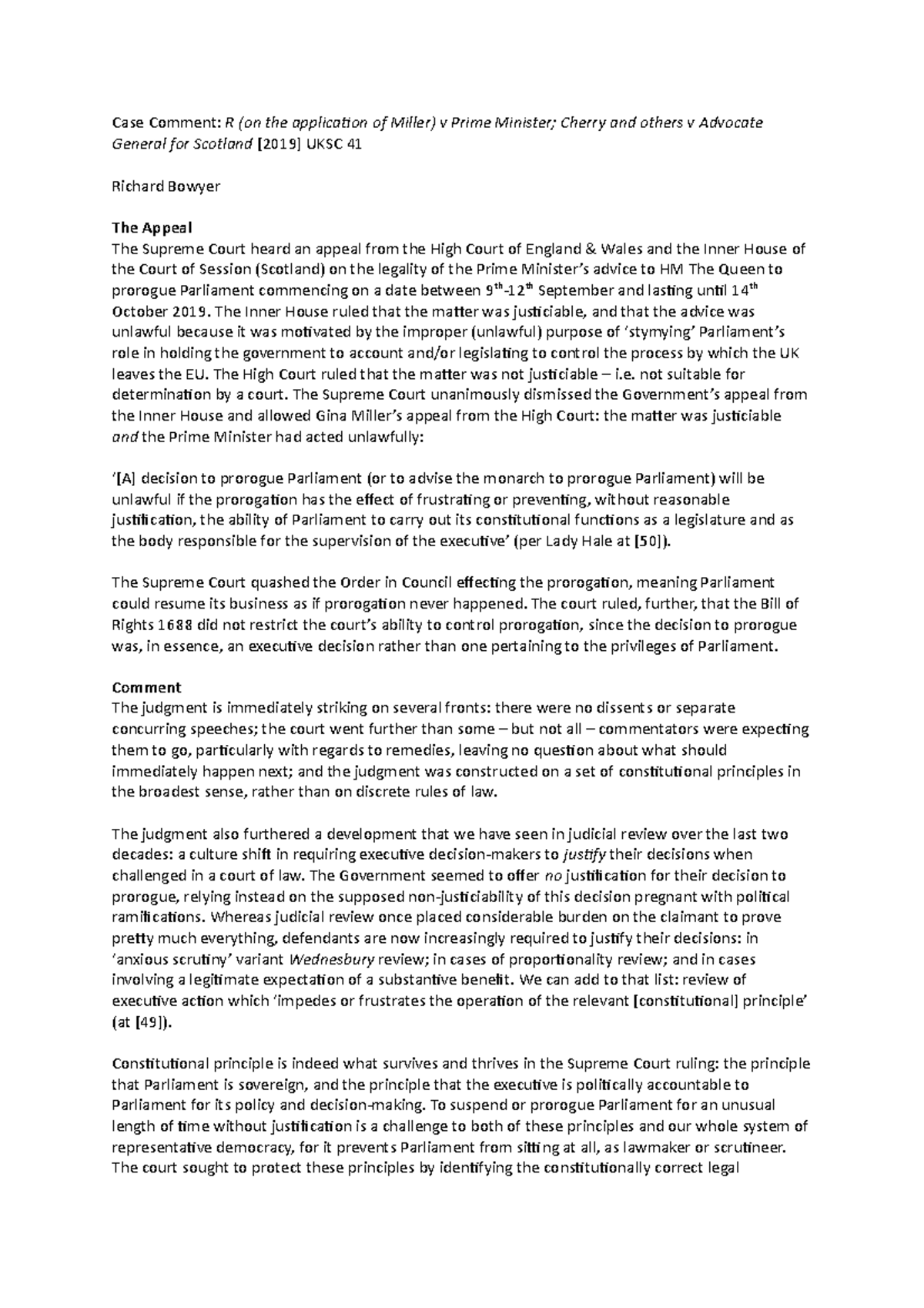 Case Comment R (on the application of Miller) v Prime Minister; Cherry