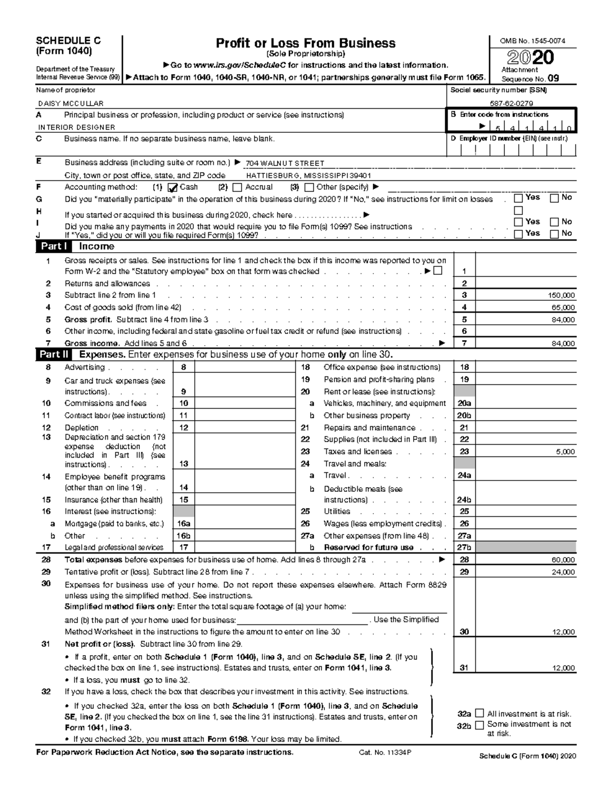 Daisy schedule c - for educational purpose only - SCHEDULE C (Form 1040 ...