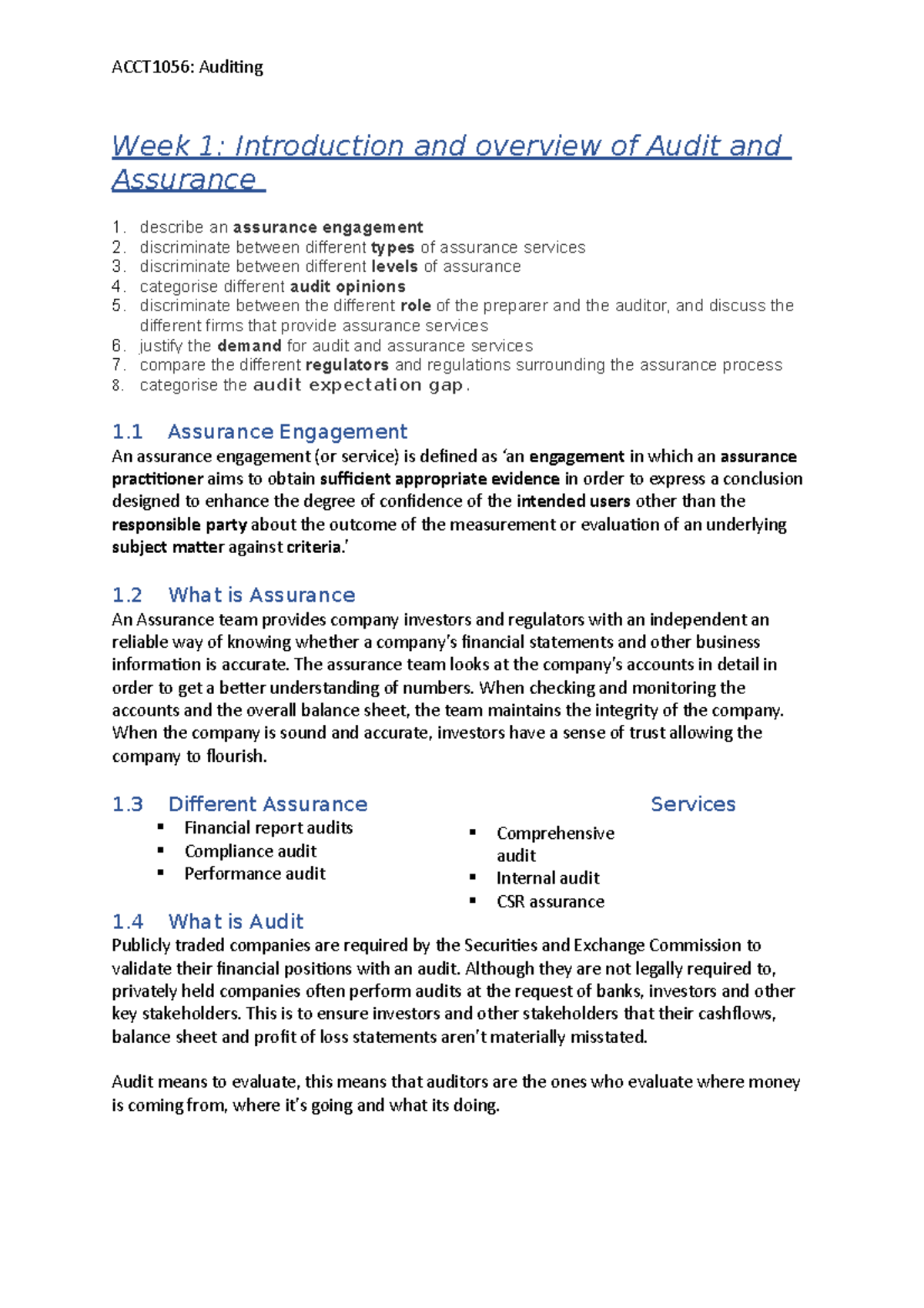 Week 1- Introduction And Overview Of Audit And Assurance - ACCT1056 ...