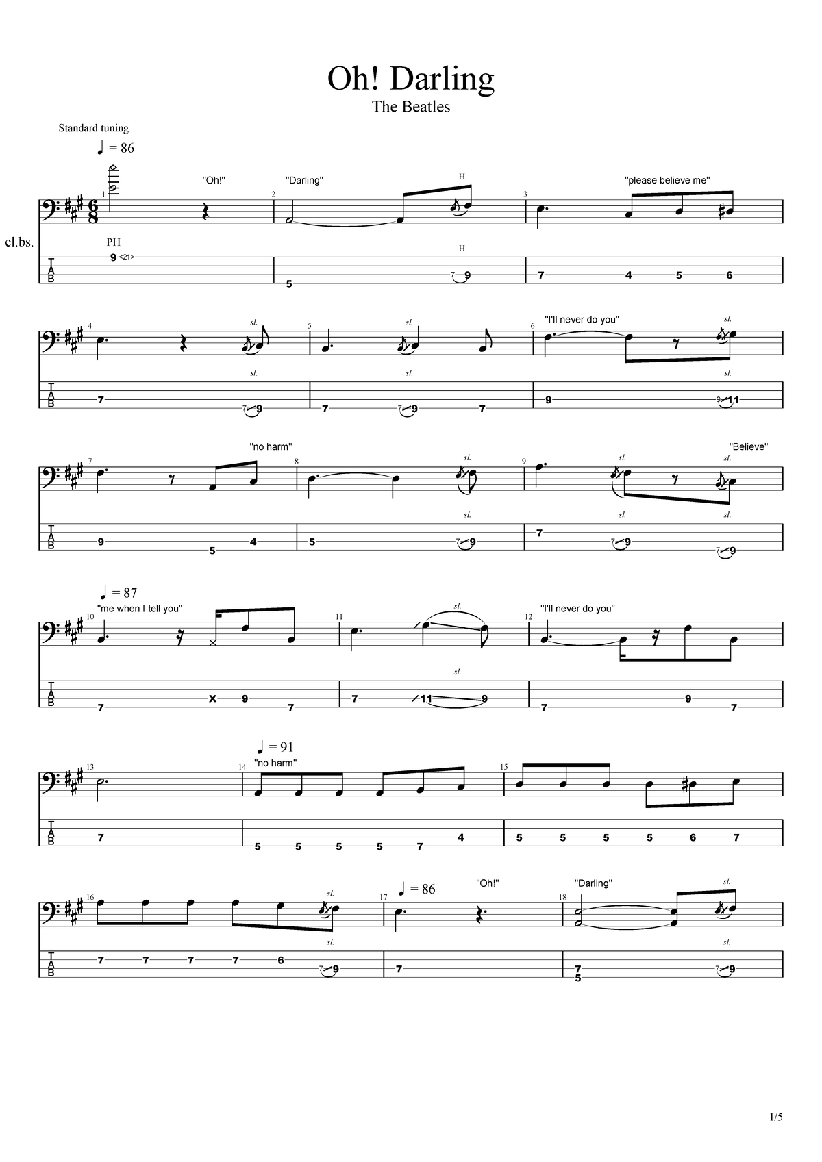 The Beatles - Oh Darling - BASS TABS - Oh! Darling The Beatles Standard ...