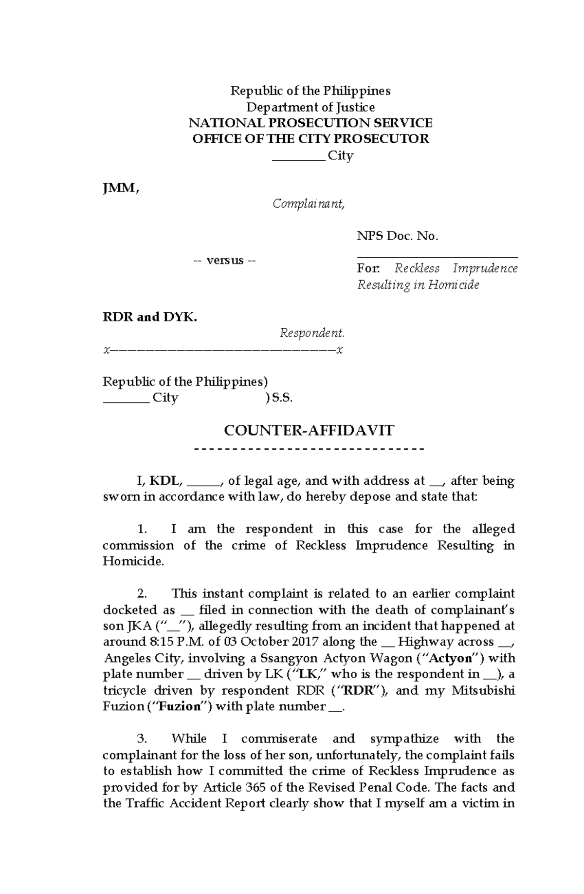 Counter-affidavit-reckless-imprudence-resulting-in-homicide Compress ...