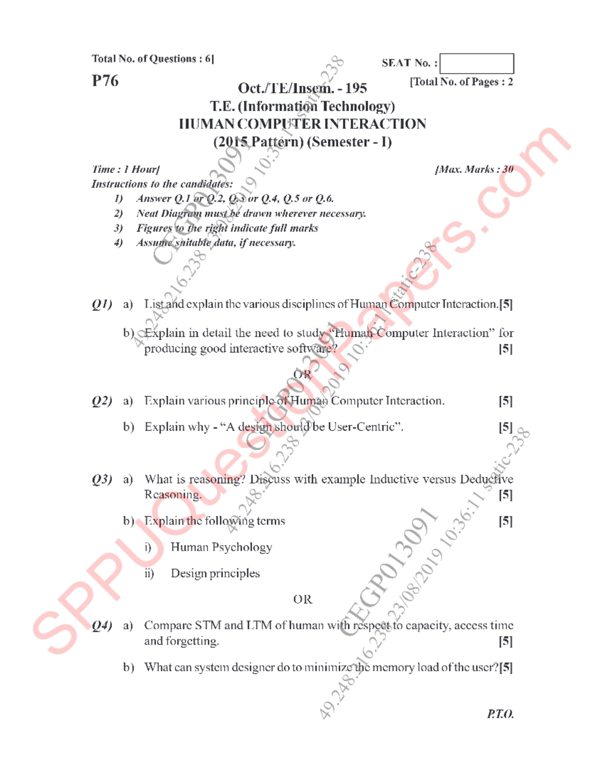 HCI Question paper - Total No. of Questions : 26 SEAT No. : P76 195 No ...