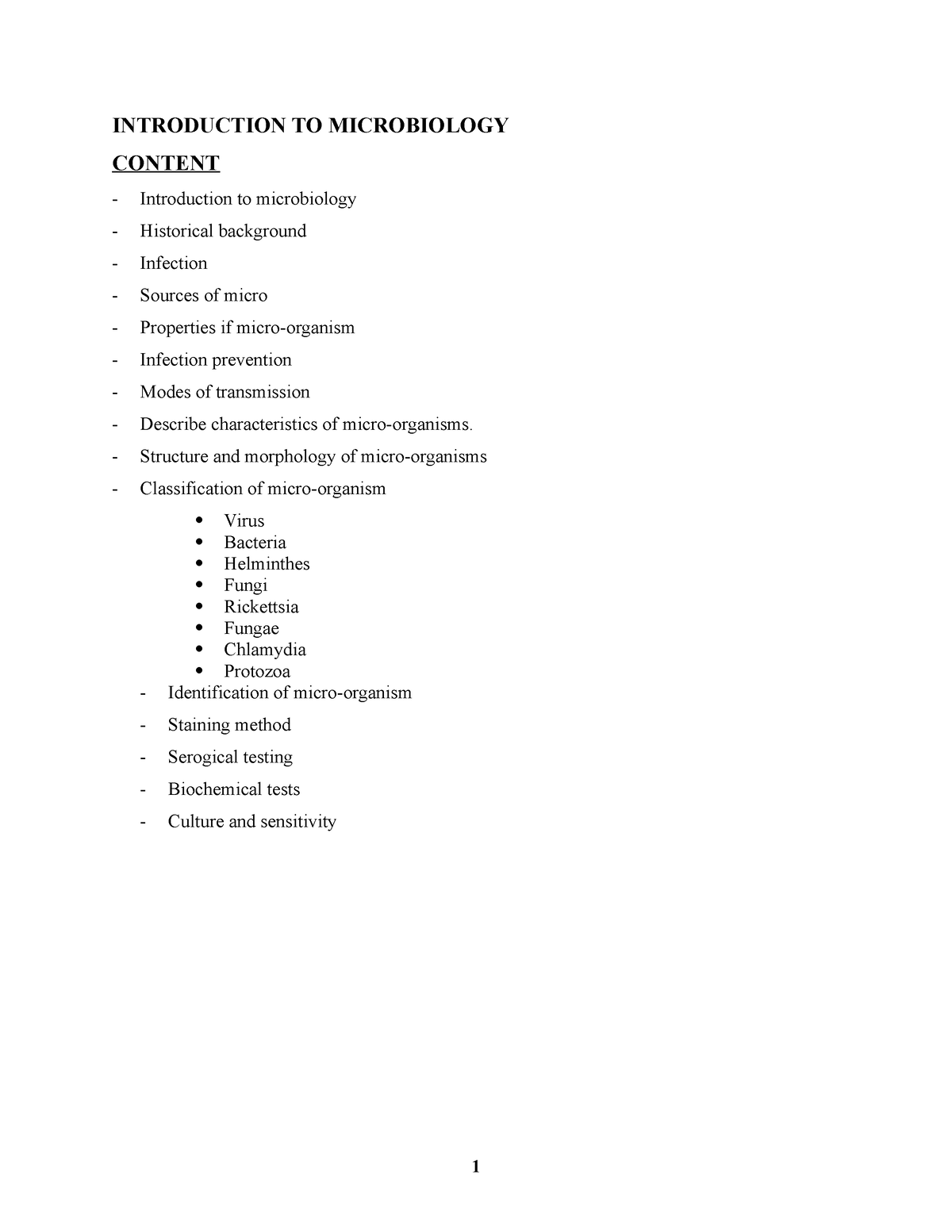 Learning Microbiology - INTRODUCTION TO MICROBIOLOGY CONTENT ...