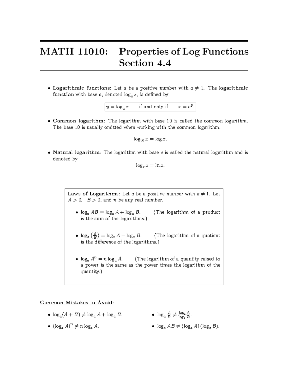 Properties Of Log Functions Section 4 Logarithmic Functions Letabe