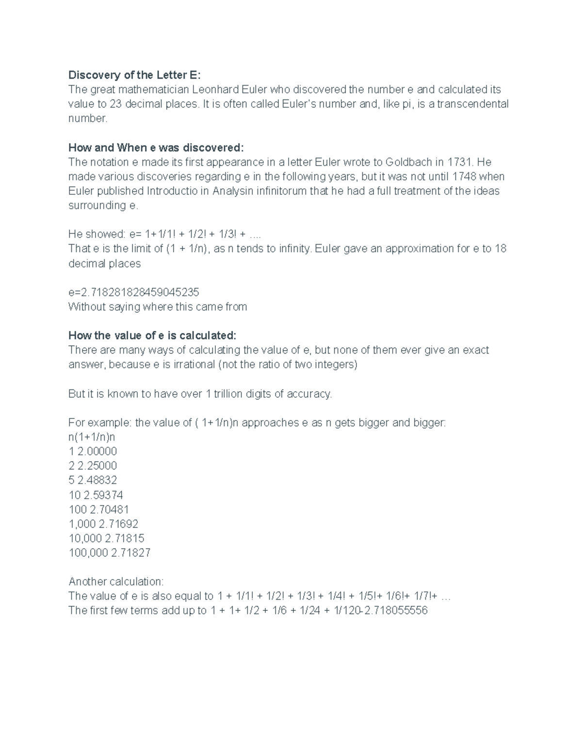 Number e and the Natural Logarithm Discovery of the Letter E The