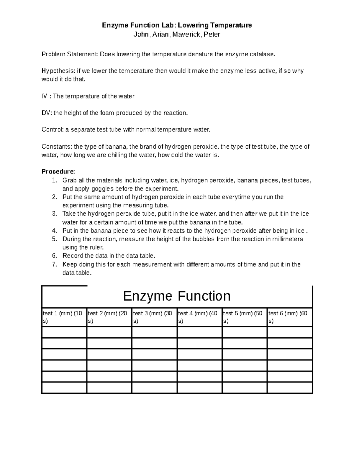 Enzyme function lab Google Docs sdjakjsndkja Enzyme Function Lab