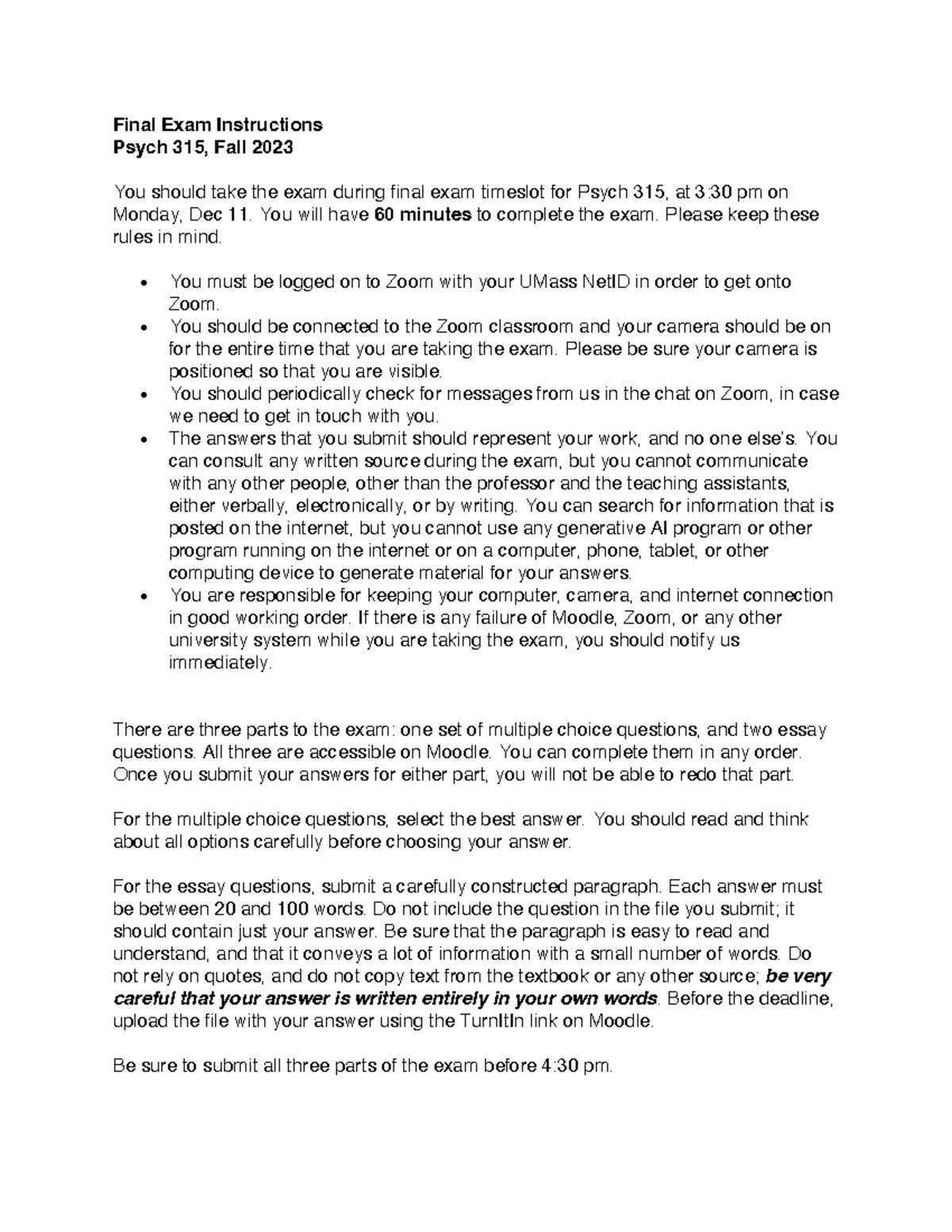 Final Exam instructions Final Exam Instructions Psych 315, Fall 2023
