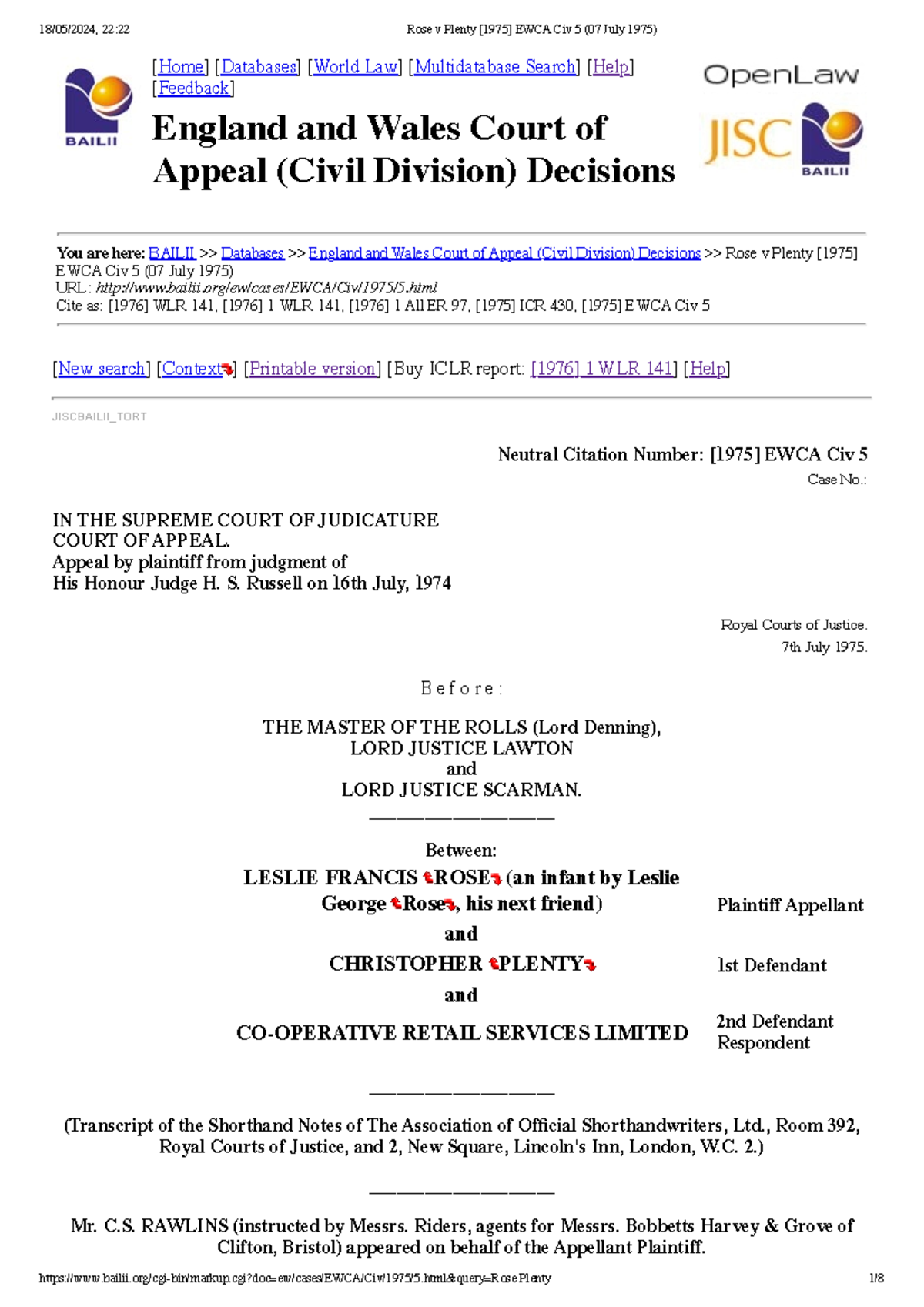 Rose v Plenty [1975] EWCA Civ 5 (07 July 1975) - [Home] [Databases ...