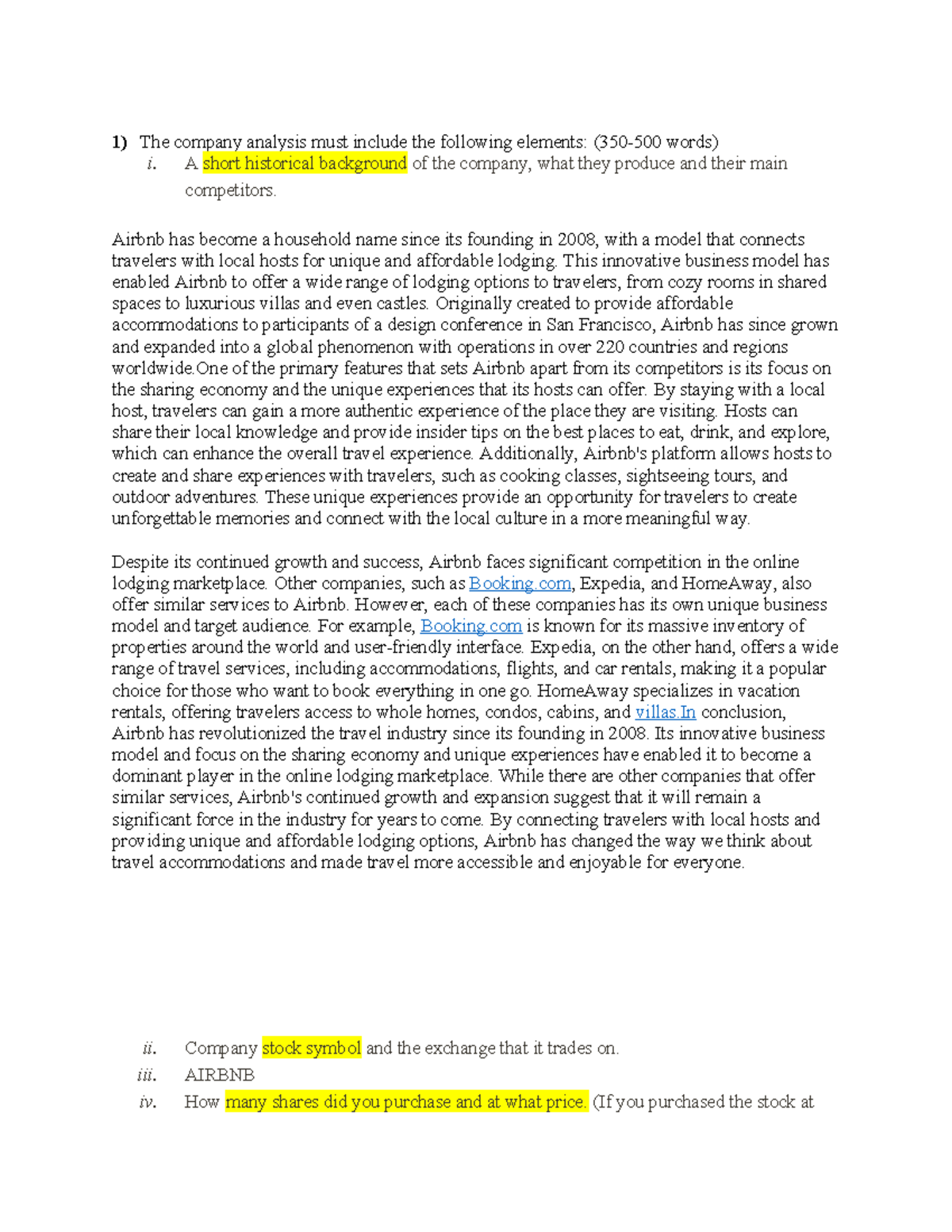 Econ report - The company analysis must include the following elements ...