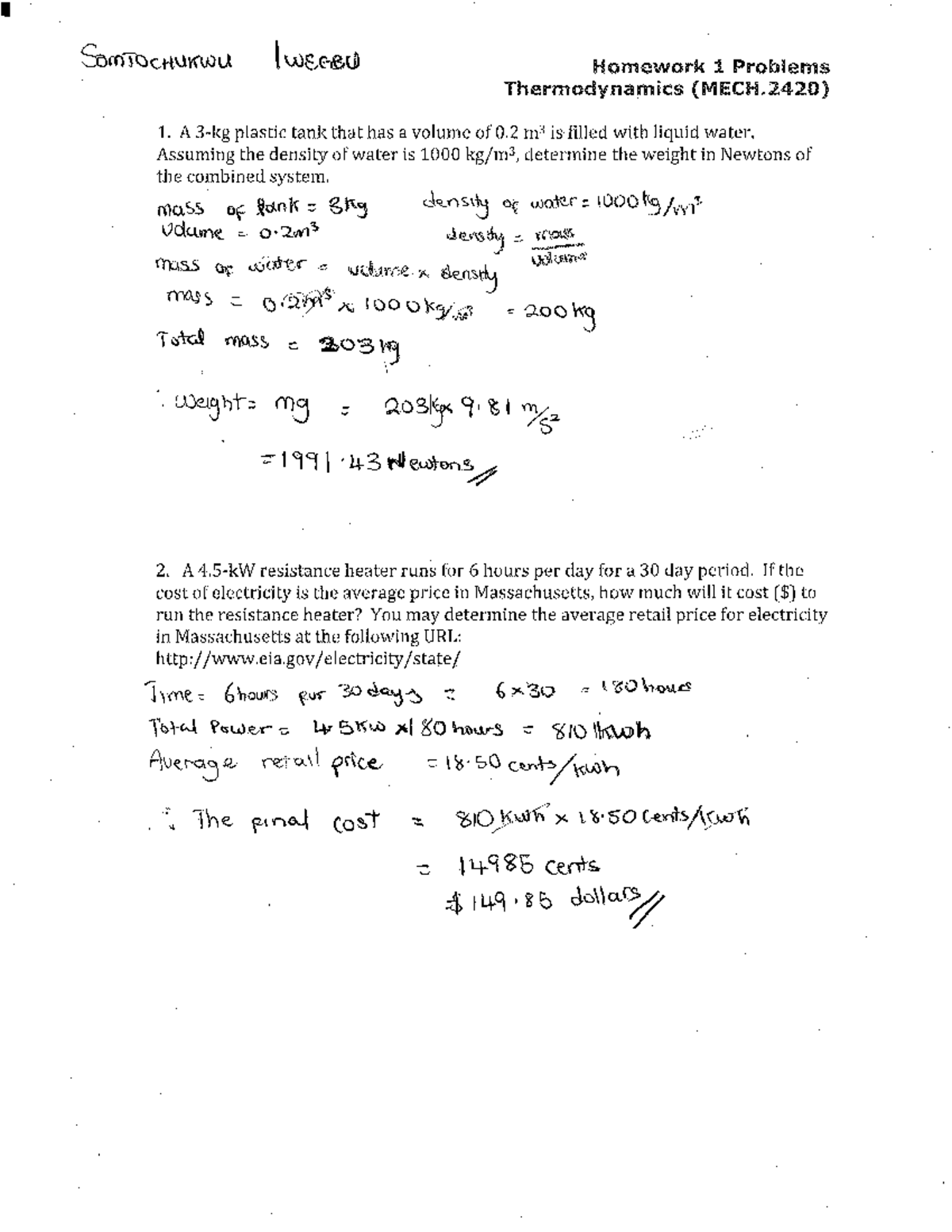 Hw 1 thermodynamics - home work 1 - MECH.2420 - Studocu