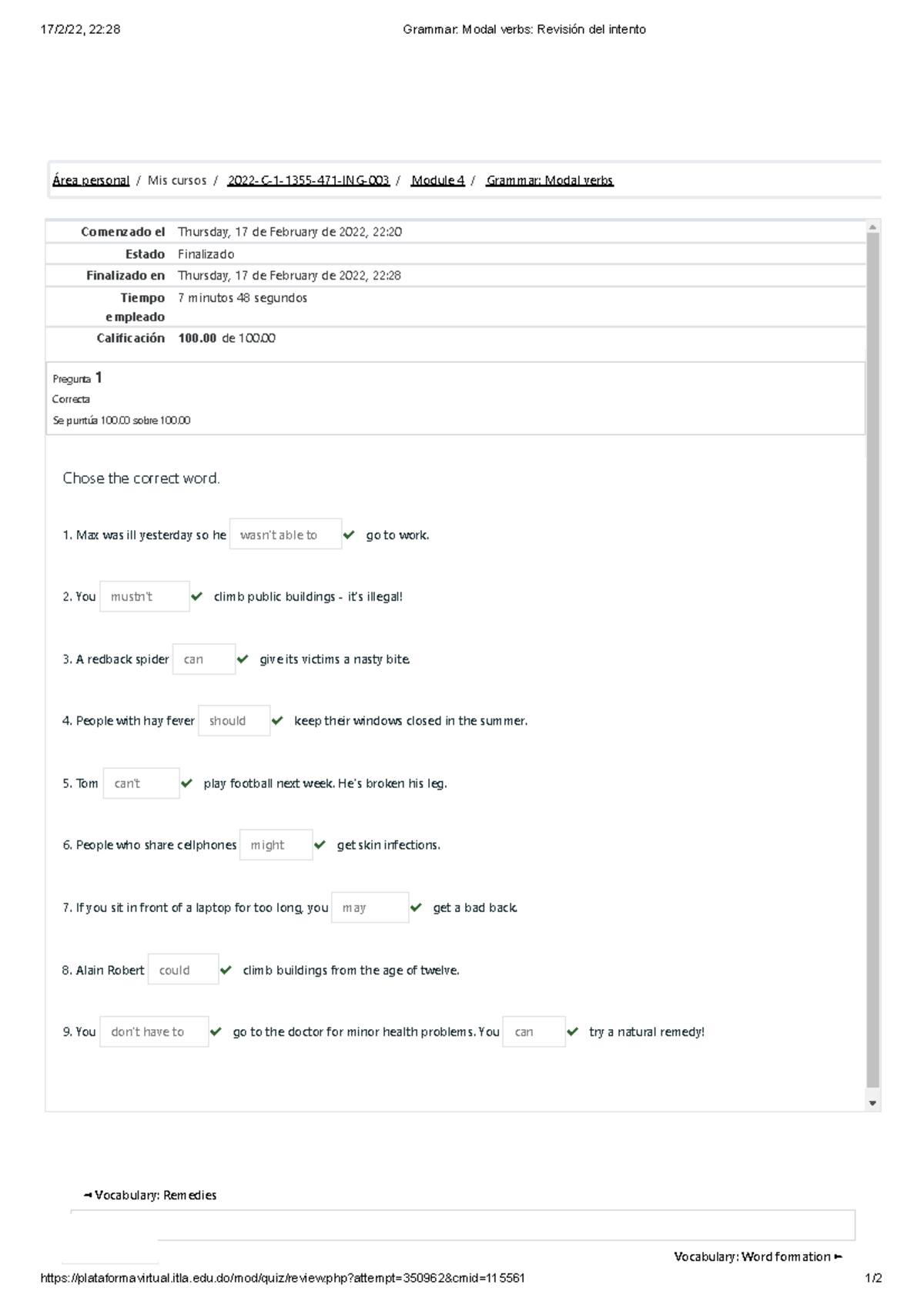 Grammar Modal verbs Revisión del intento 17/2/22, 2228 Grammar Modal verbs Revisión del