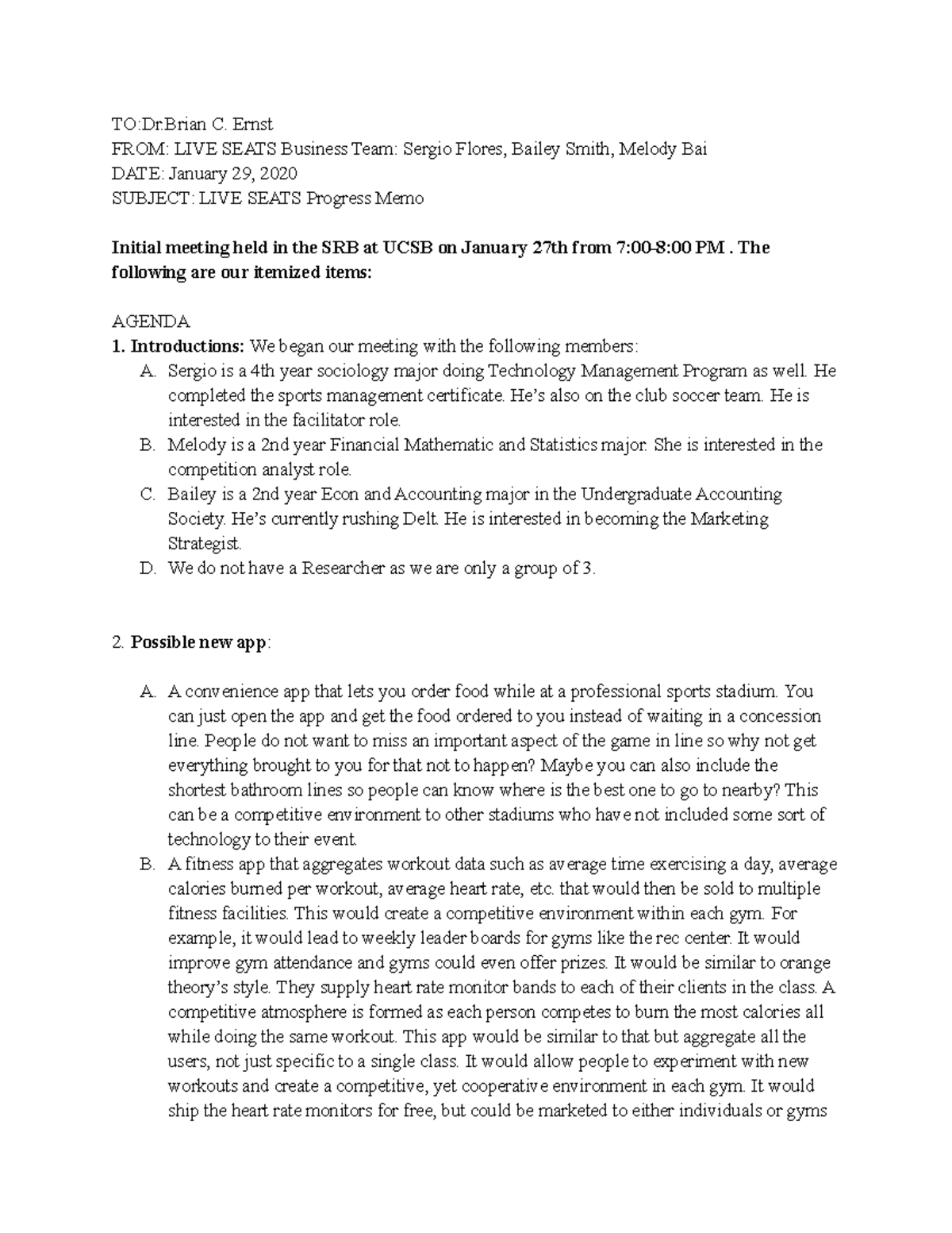 Progress memo - TO:Dr C. Ernst FROM: LIVE SEATS Business Team: Sergio ...