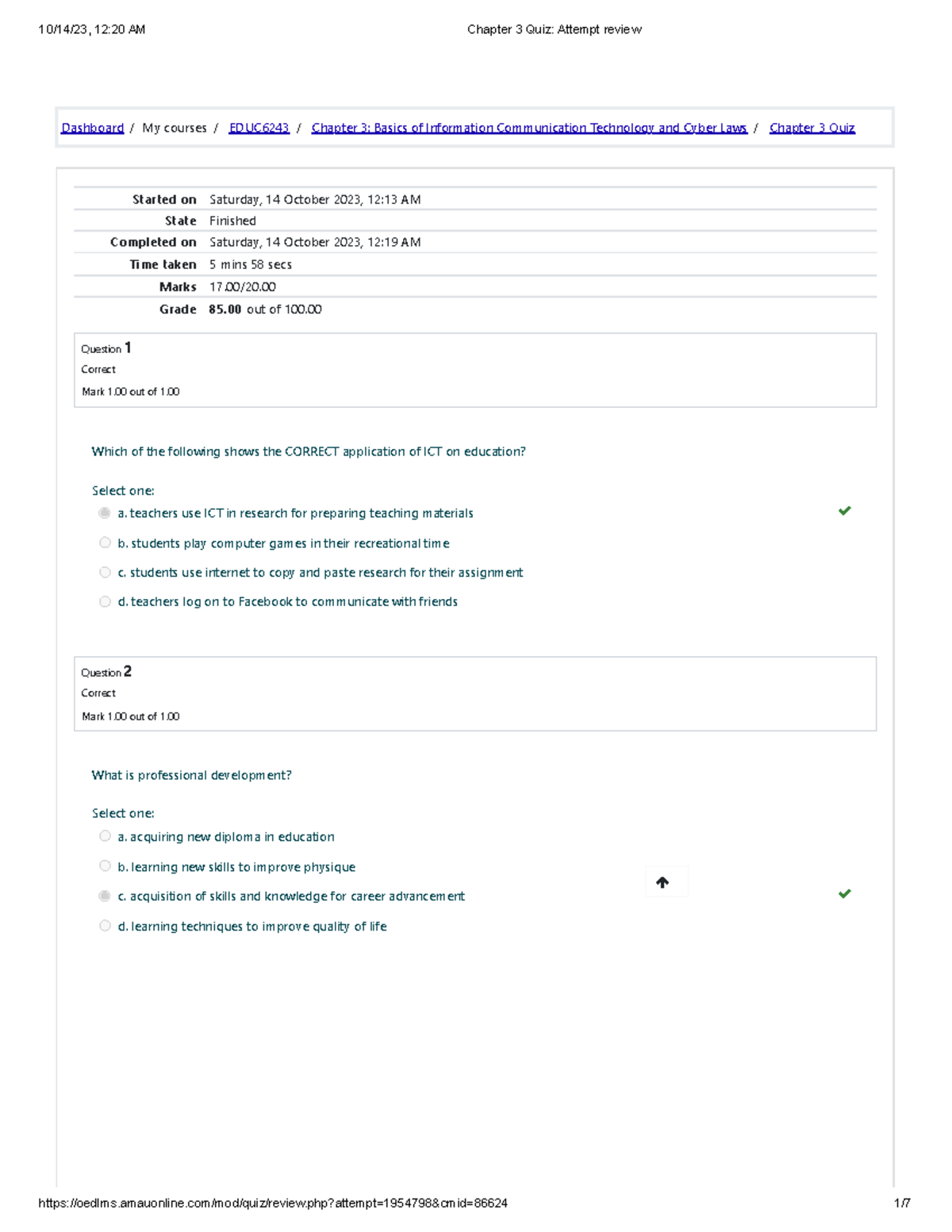 Chapter 3 Quiz Attempt review - Dashboard / My courses / EDUC6243 ...