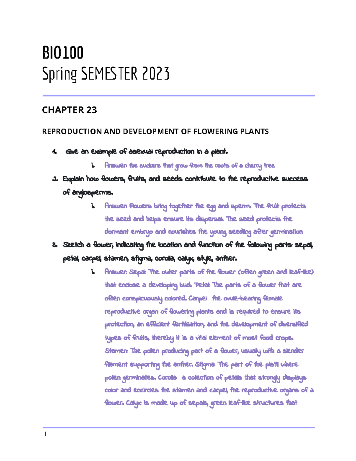 CH. 23 Reproduction and Development of Flowering Plants - BIO Spring ...