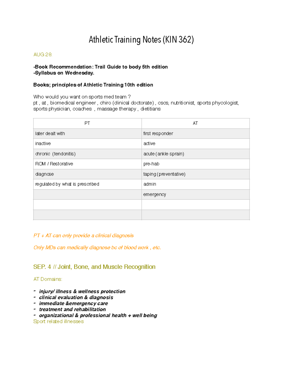 Principles of AT Notes Athletic Training Notes (KIN 362) AUG 28