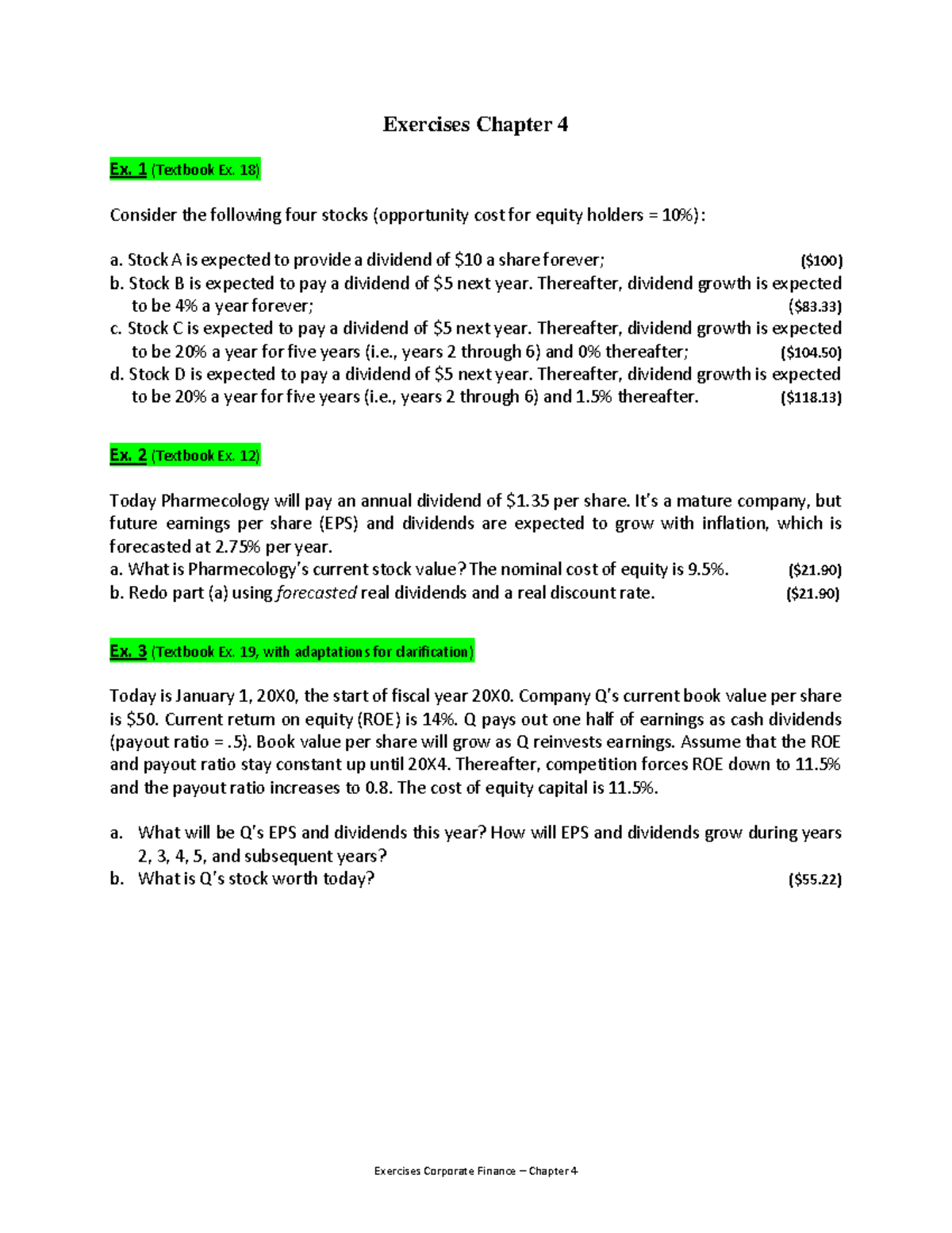 Exercises Chapter 4 March 2020 - Exercises Corporate Finance – Chapter ...