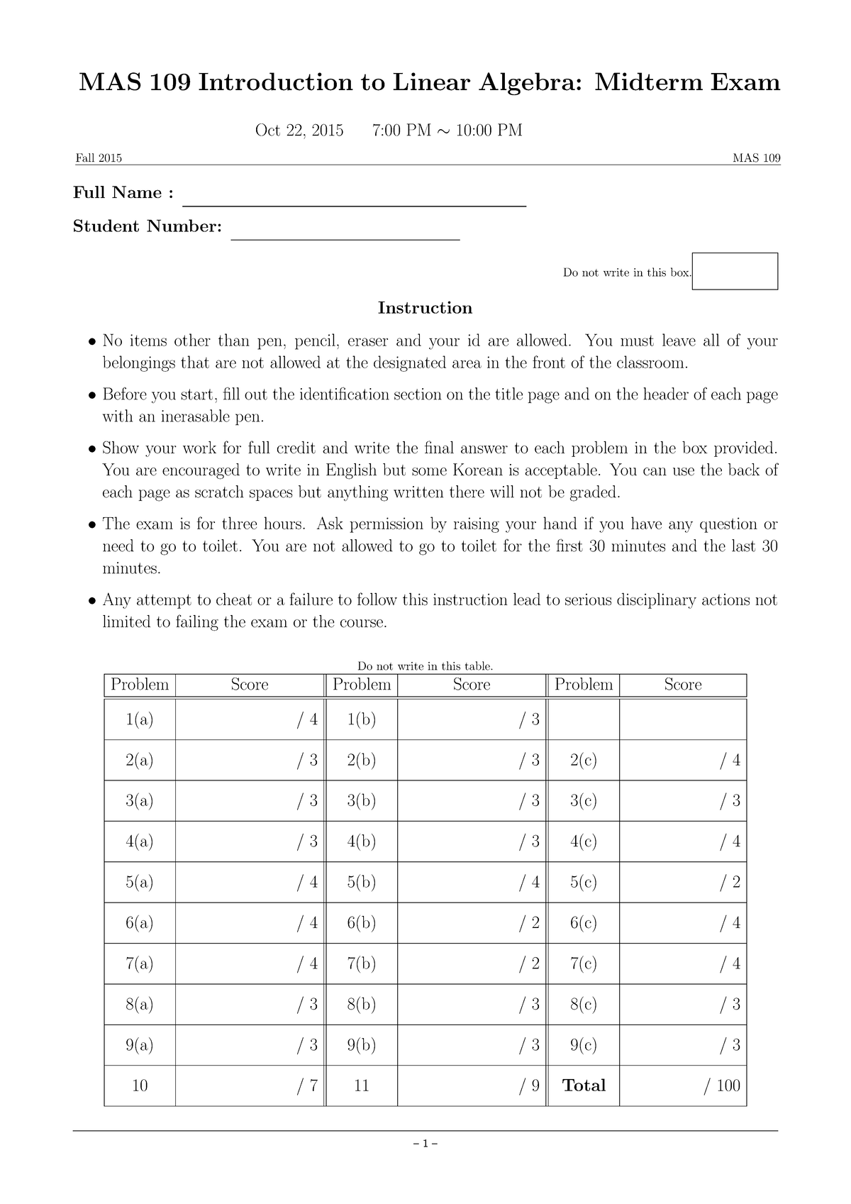 2015 F MAS109 Mid - test - MAS 109 Introduction to Linear Algebra ...