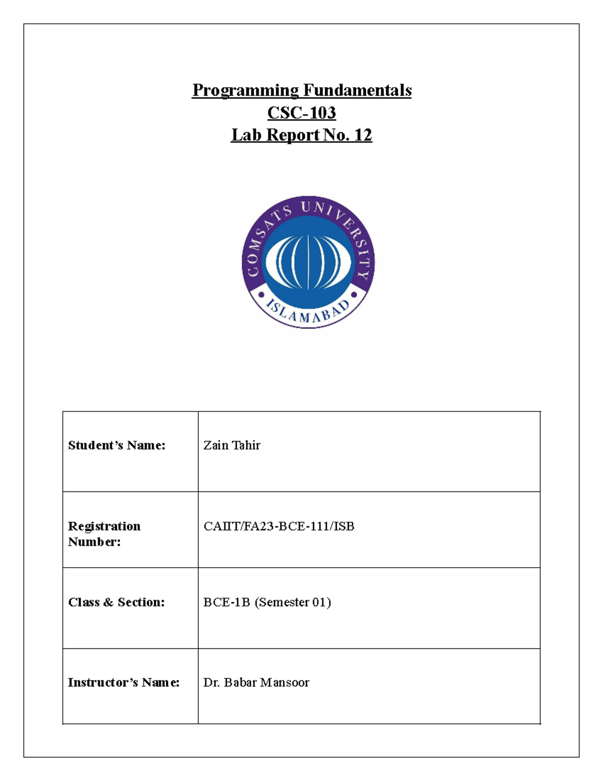 Lab Report No. 12 - Programming Fundamentals CSC- Lab Report No. 12 ...