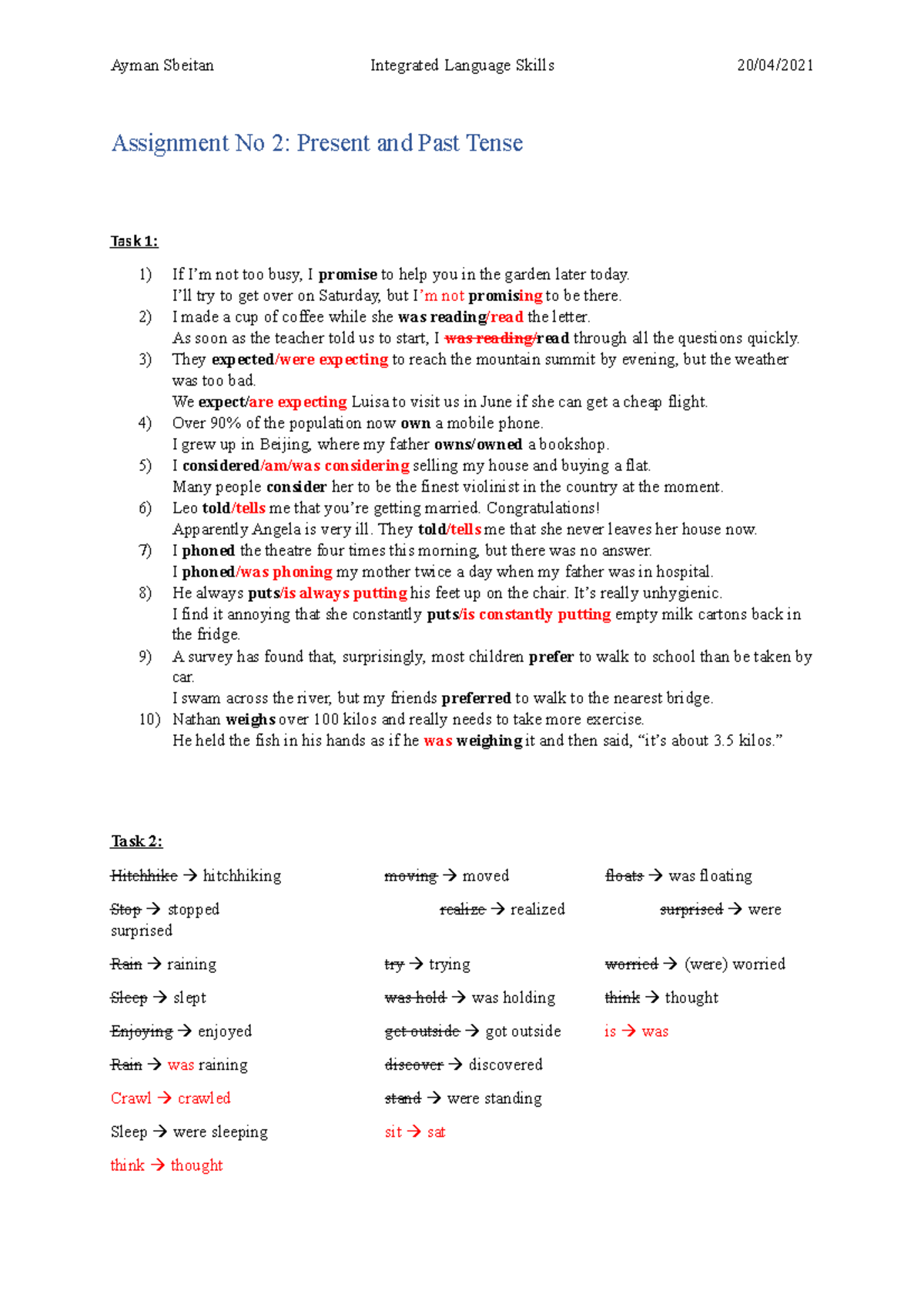 Integrated Language Skill - Assignment 2 Simple Present and Past - SoSe ...