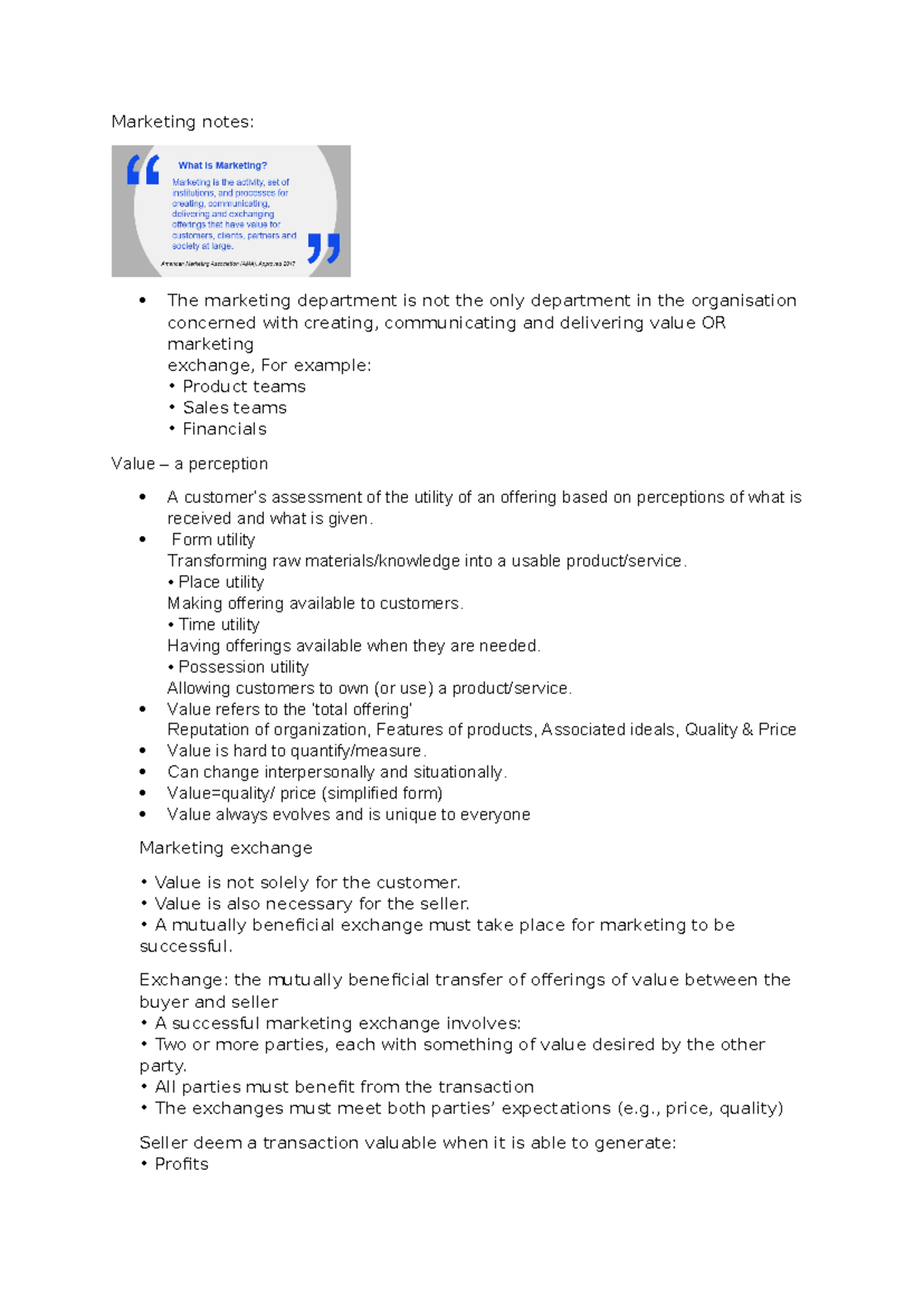 Marketing notes - yeh - Marketing notes: The marketing department is ...