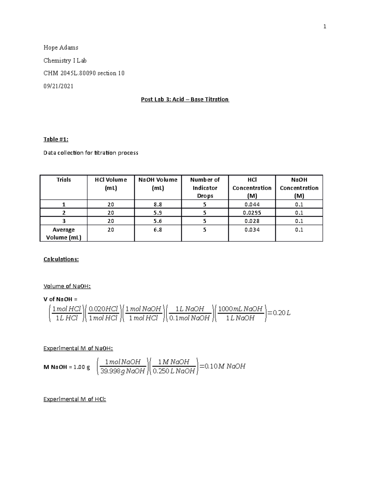 Post Lab Acid Base Titration CHM2045L USF Studocu